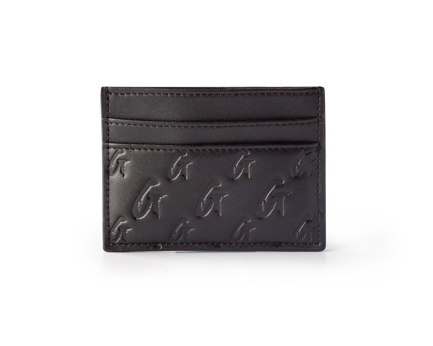 Black matte monogram card holder with embossed logo pattern and multiple card slots.