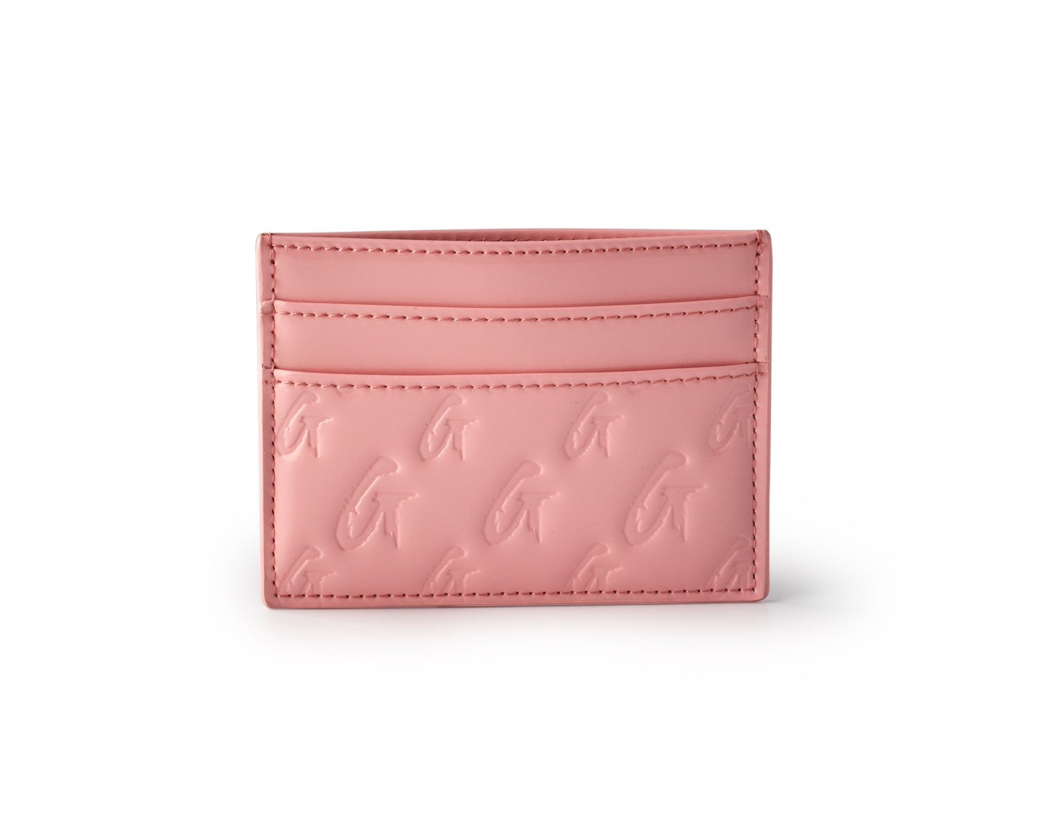 Mirror pink monogram card holder with embossed logo pattern and multiple card slots, stylish and compact for everyday use.