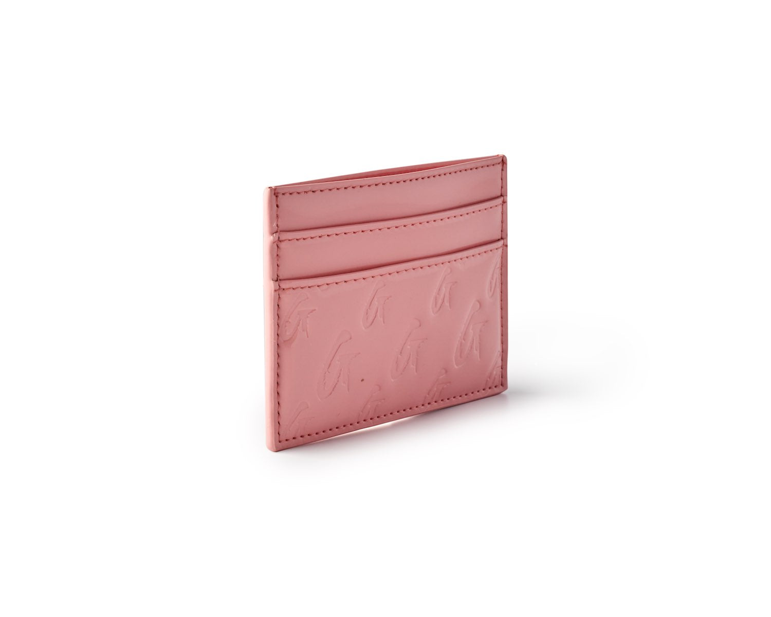 Mirror pink monogram card holder with multiple card slots and embossed logo design on the front.