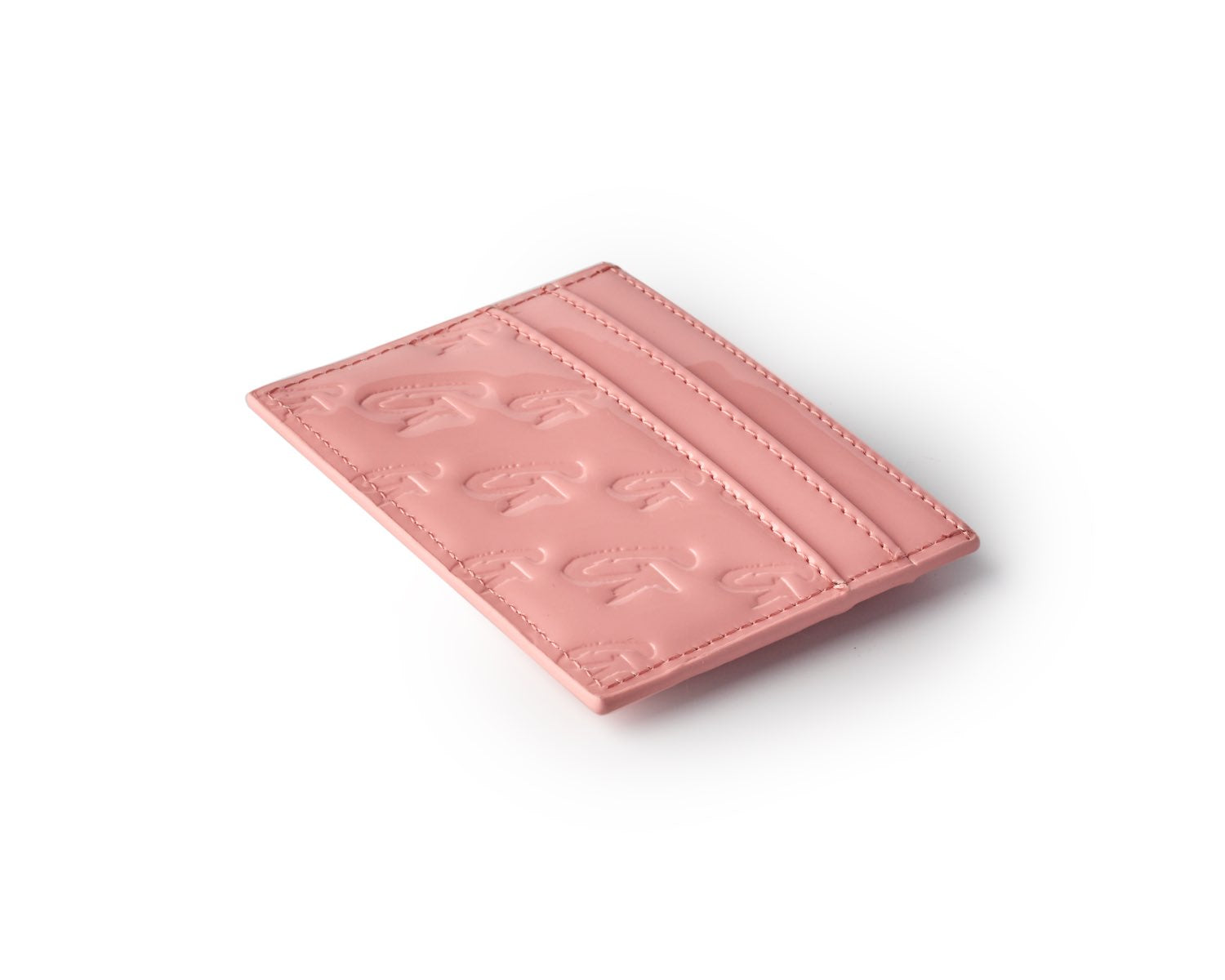 Mirror pink monogram card holder with embossed logo pattern and sleek design, perfect for organizing cards stylishly.