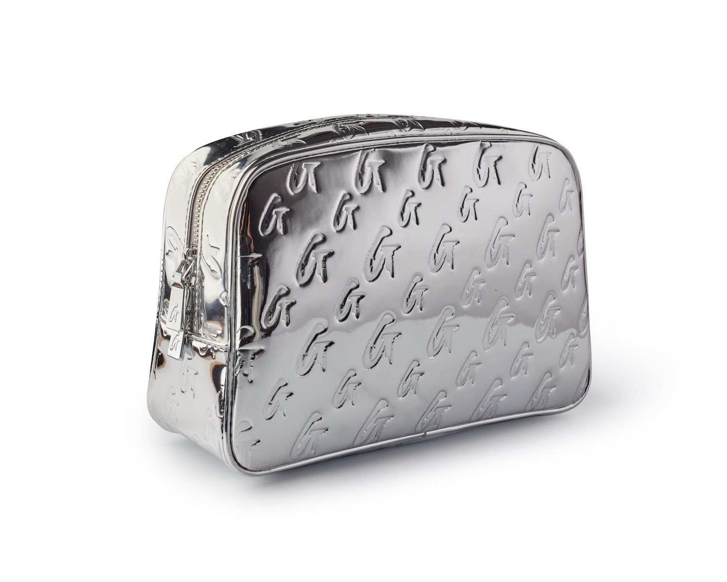 Small metallic silver monogram toiletry bag with embossed logo pattern and zipper closure.