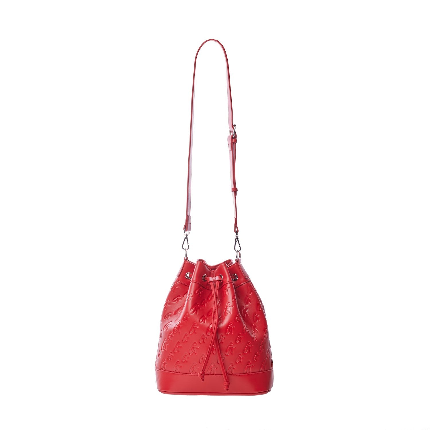 Red Monogram Bucket Bag Bundle with adjustable strap, embossed logo pattern, and drawstring closure.
