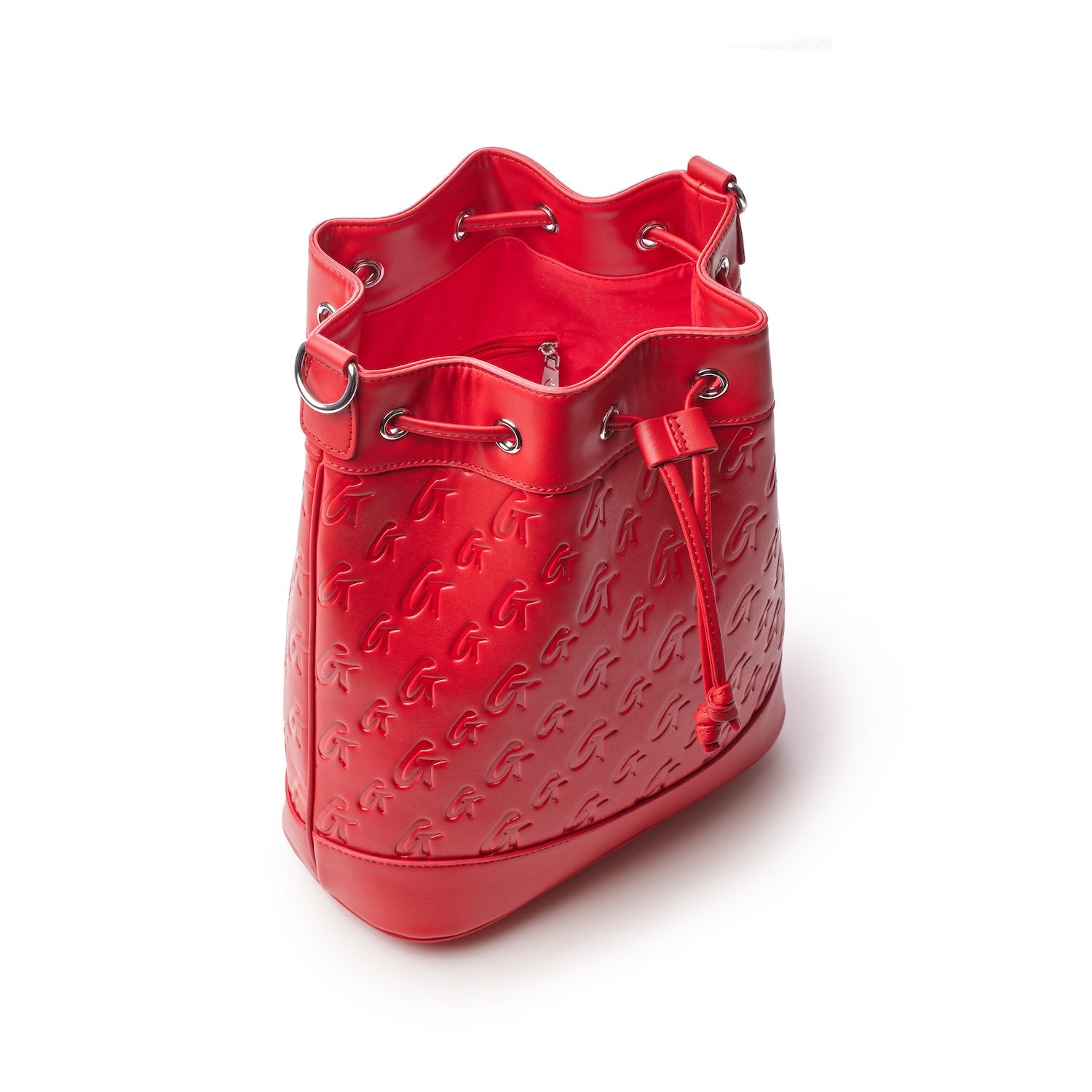Red Monogram Bucket Bag Bundle with embossed logo pattern, drawstring closure, and interior zip pocket.