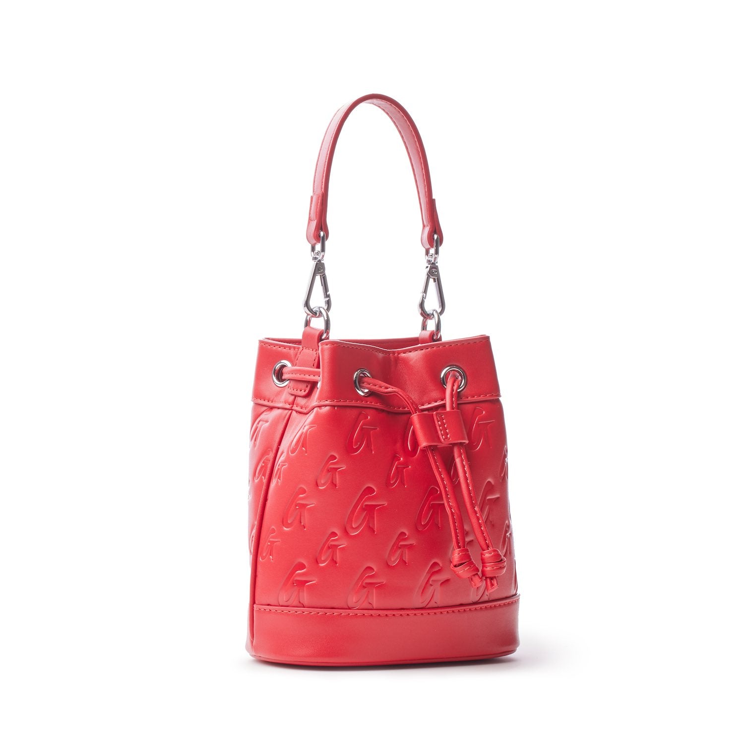 Red mini monogram bucket bag with embossed logo pattern, drawstring closure, and silver hardware.