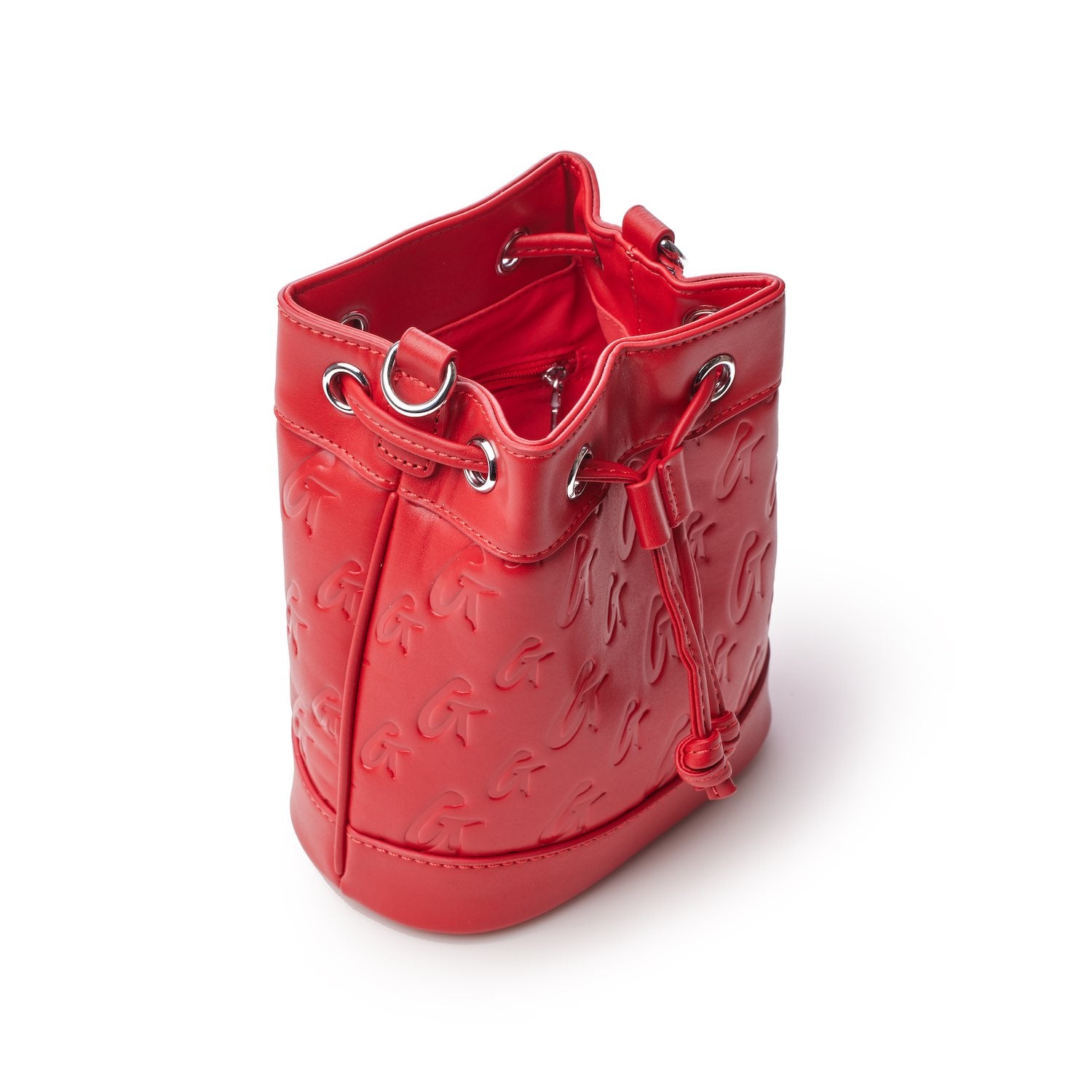 Red Monogram Bucket Bag Bundle with embossed logo pattern, drawstring closure, and metal eyelet accents.