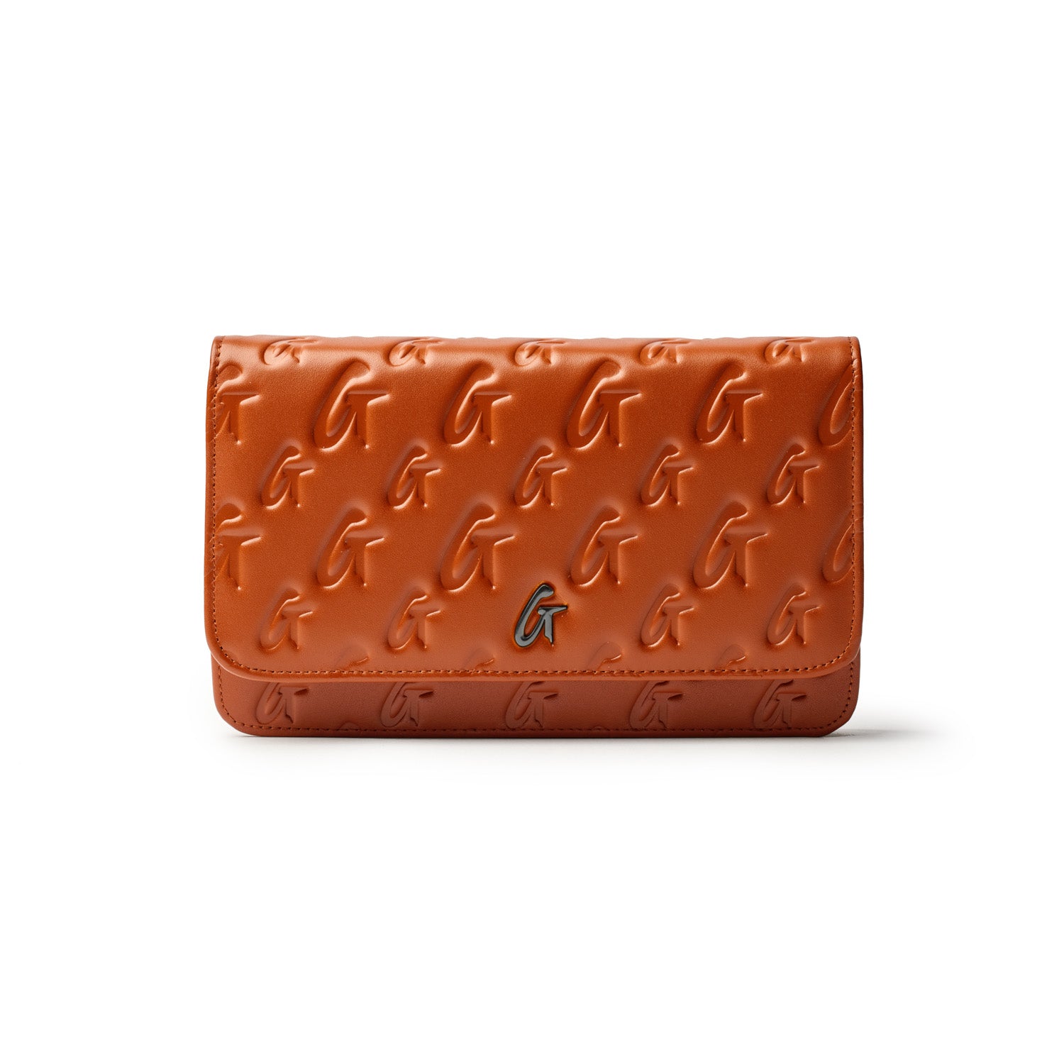 Brown Monogram Gunmetal WOC clutch with embossed G pattern and a small gunmetal G logo on the front.
