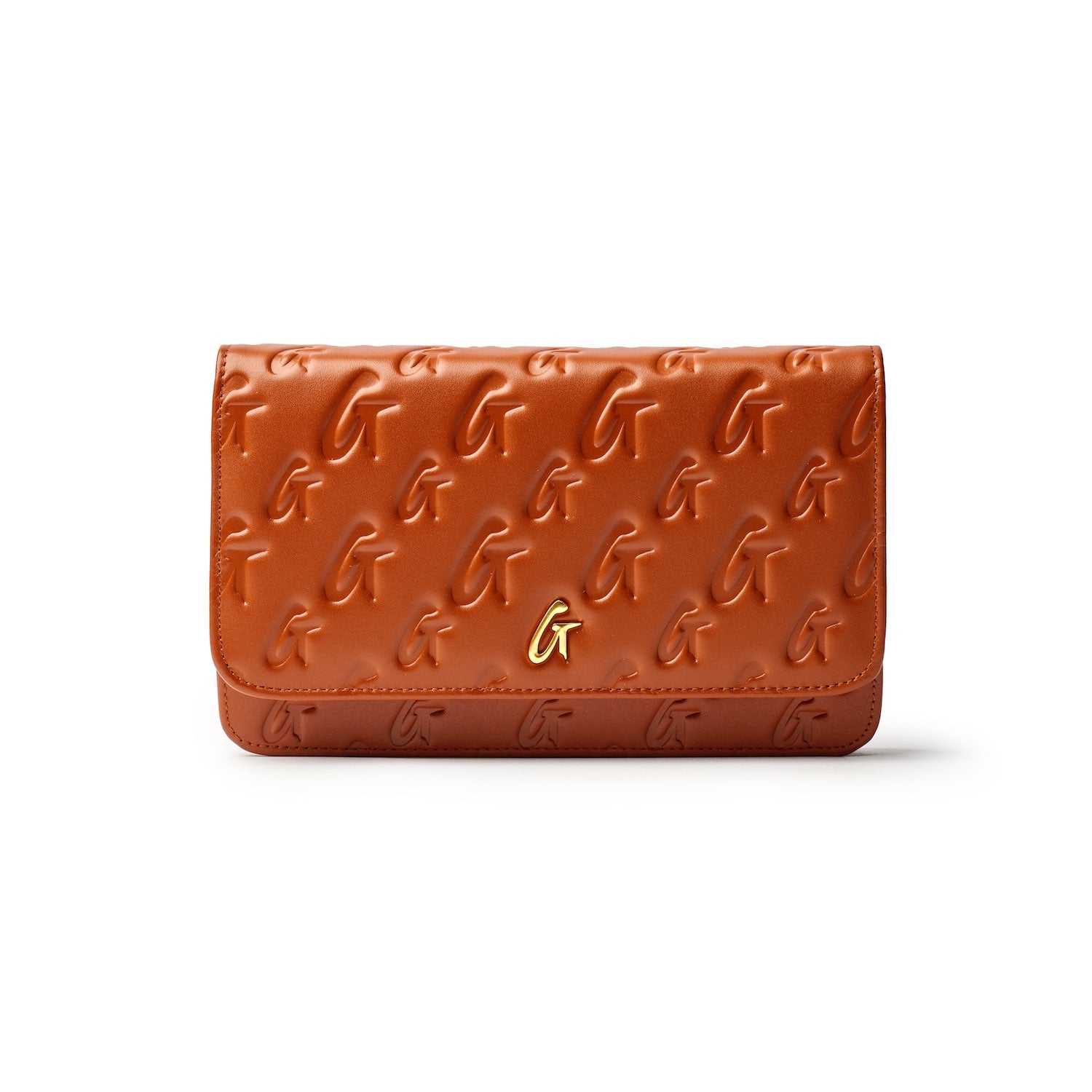 Brown leather wallet with embossed G monogram pattern and a gold G logo accent.