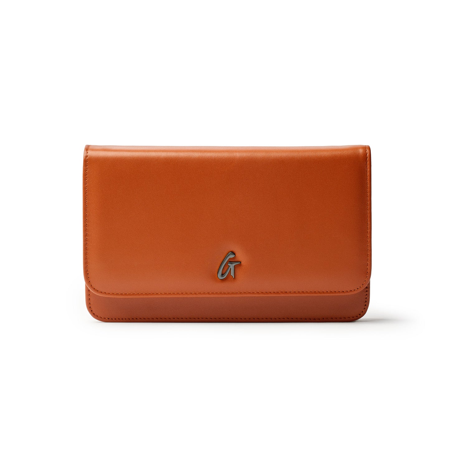 Brown gunmetal-colored wallet with a sleek design, featuring a small metallic logo on the front.
