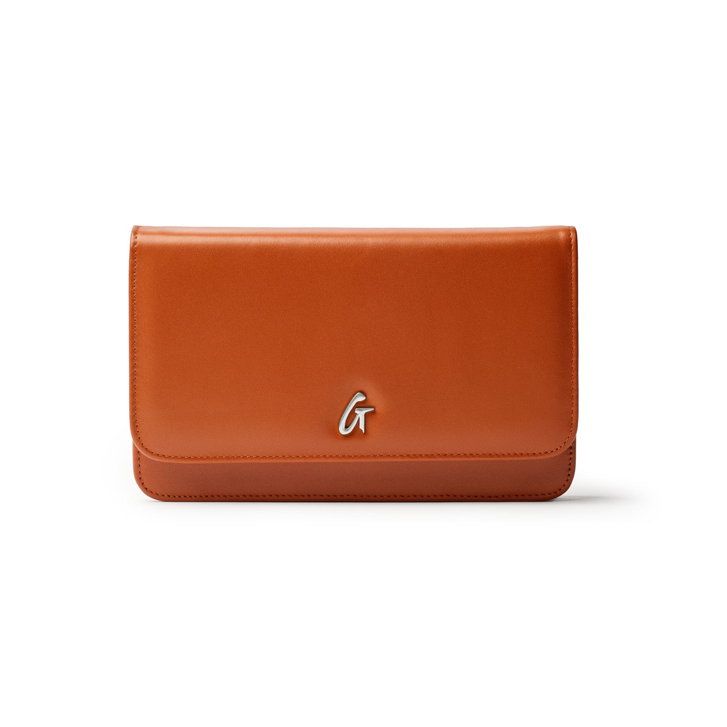 A brown leather wallet with a silver "G" logo on the front, featuring a sleek, rectangular design.