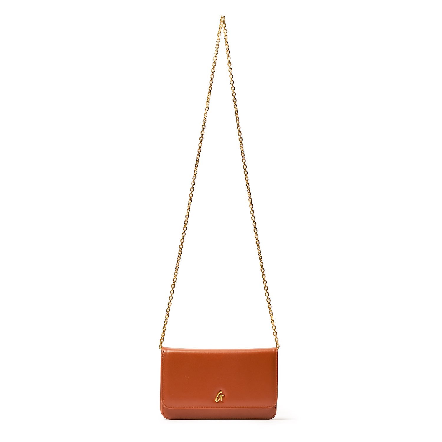 Brown leather shoulder bag with a gold chain strap and gold "G" logo on the front.