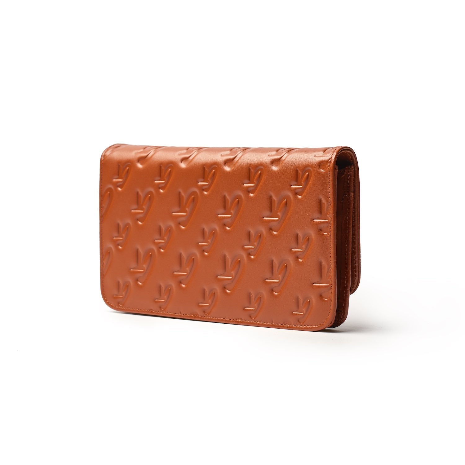 Monogram gunmetal WOC wallet in brown leather with embossed logo pattern and sleek, modern design.