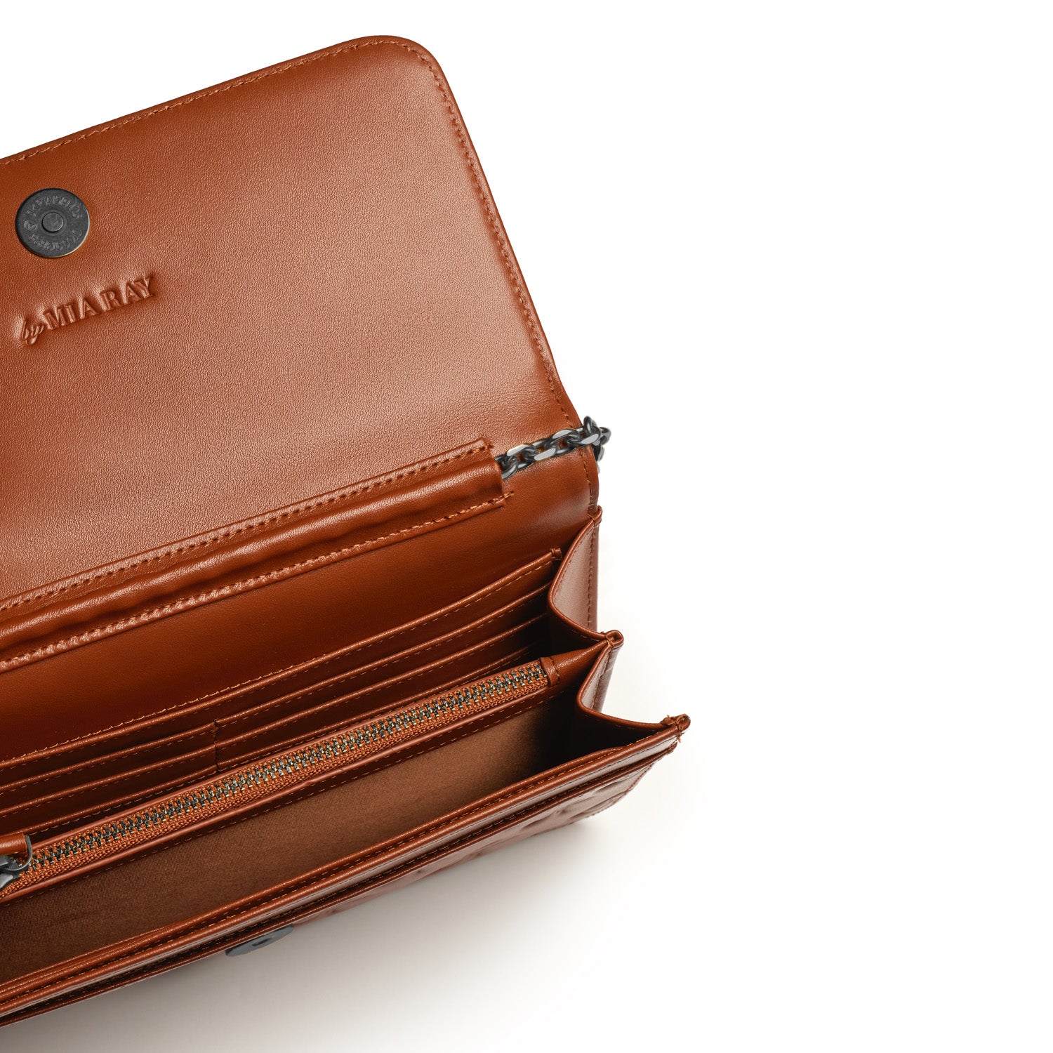 Open brown leather wallet with multiple card slots, zippered coin pocket, and embossed logo, featuring gunmetal hardware.