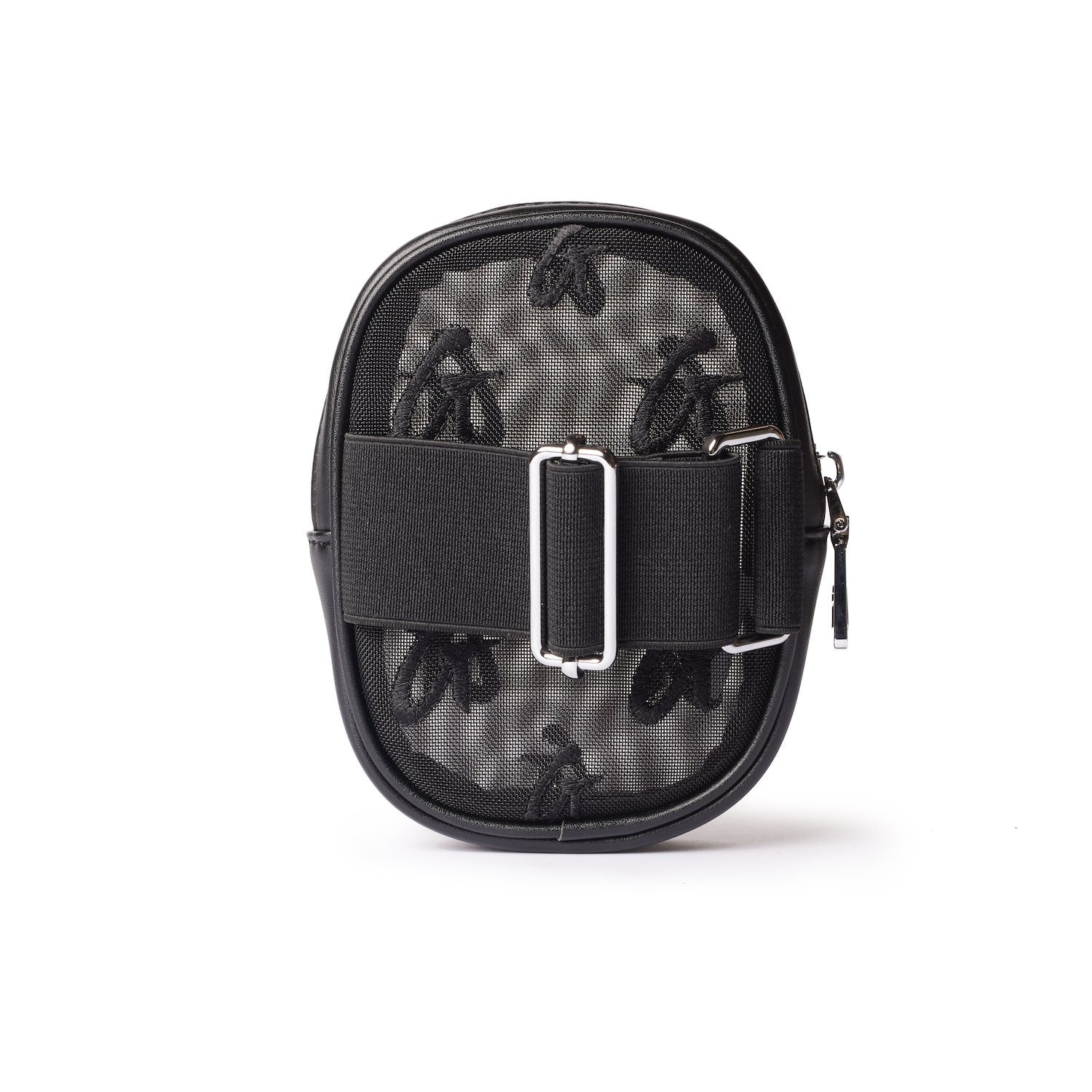 Black mesh wristlet with monogram pattern, adjustable strap, and zipper closure, stylish and compact accessory.