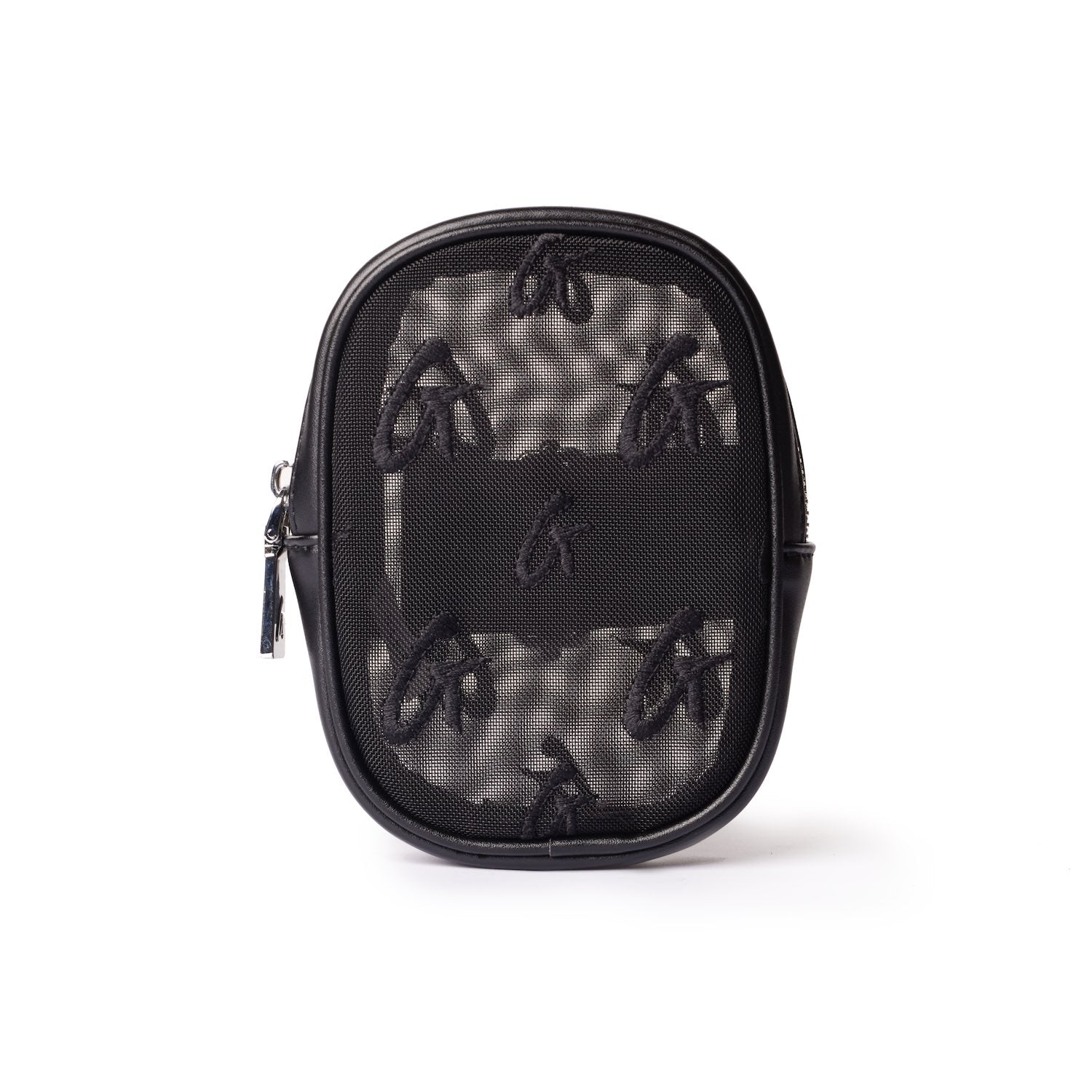 Black mesh monogram wristlet with embroidered logo, featuring a zip closure and compact design for essentials.
