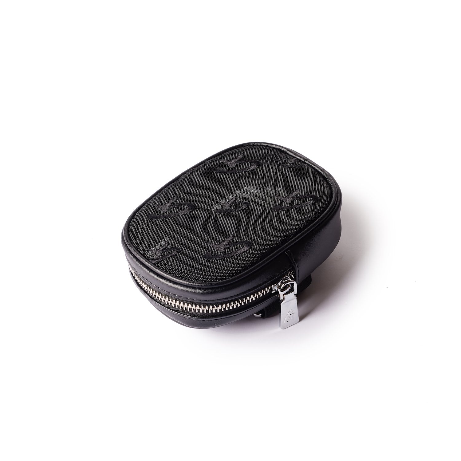 Black mesh monogram wristlet with embossed logo pattern and silver zipper closure.