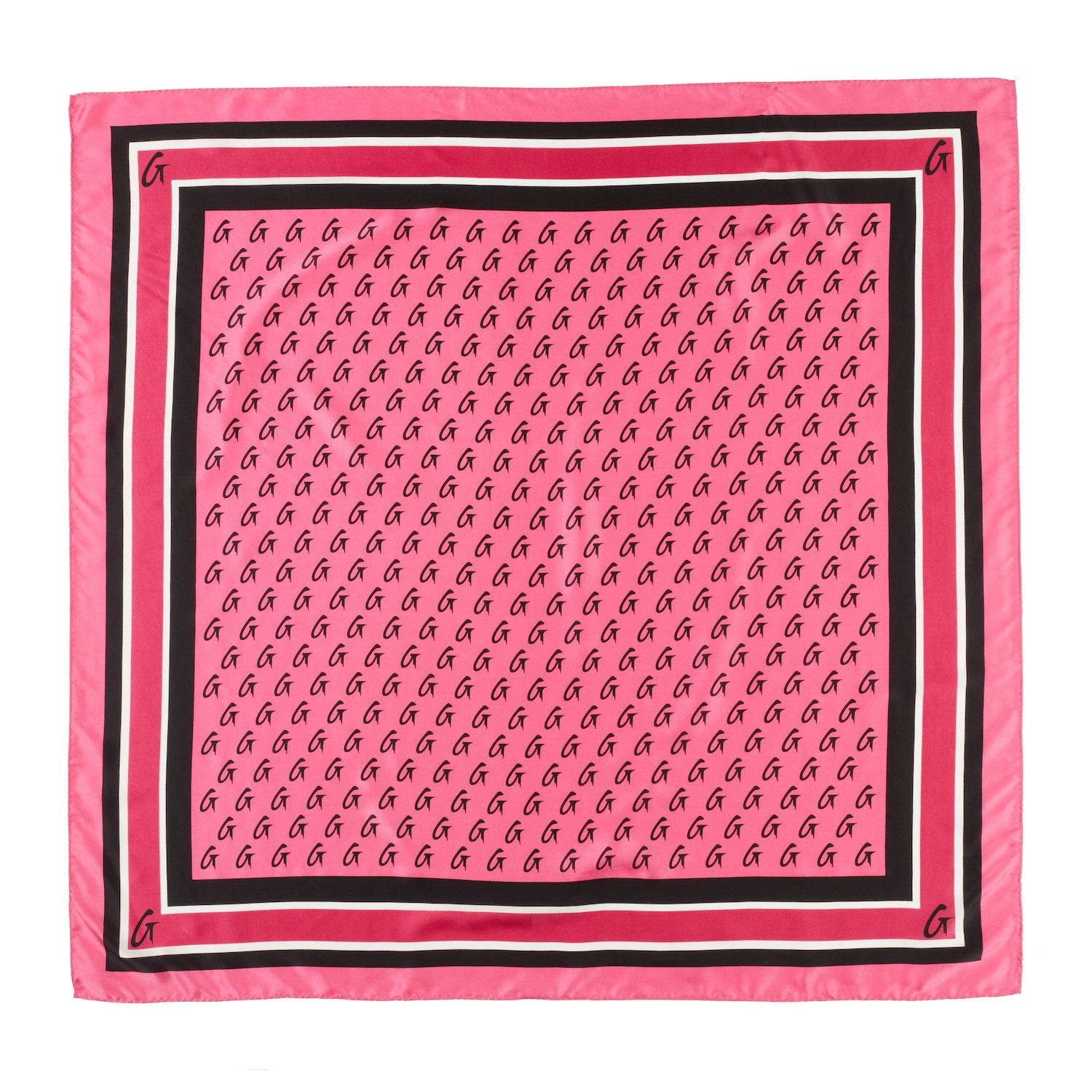 Large hot pink silk scarf with a monogram pattern, featuring black and white borders and corner initials G.
