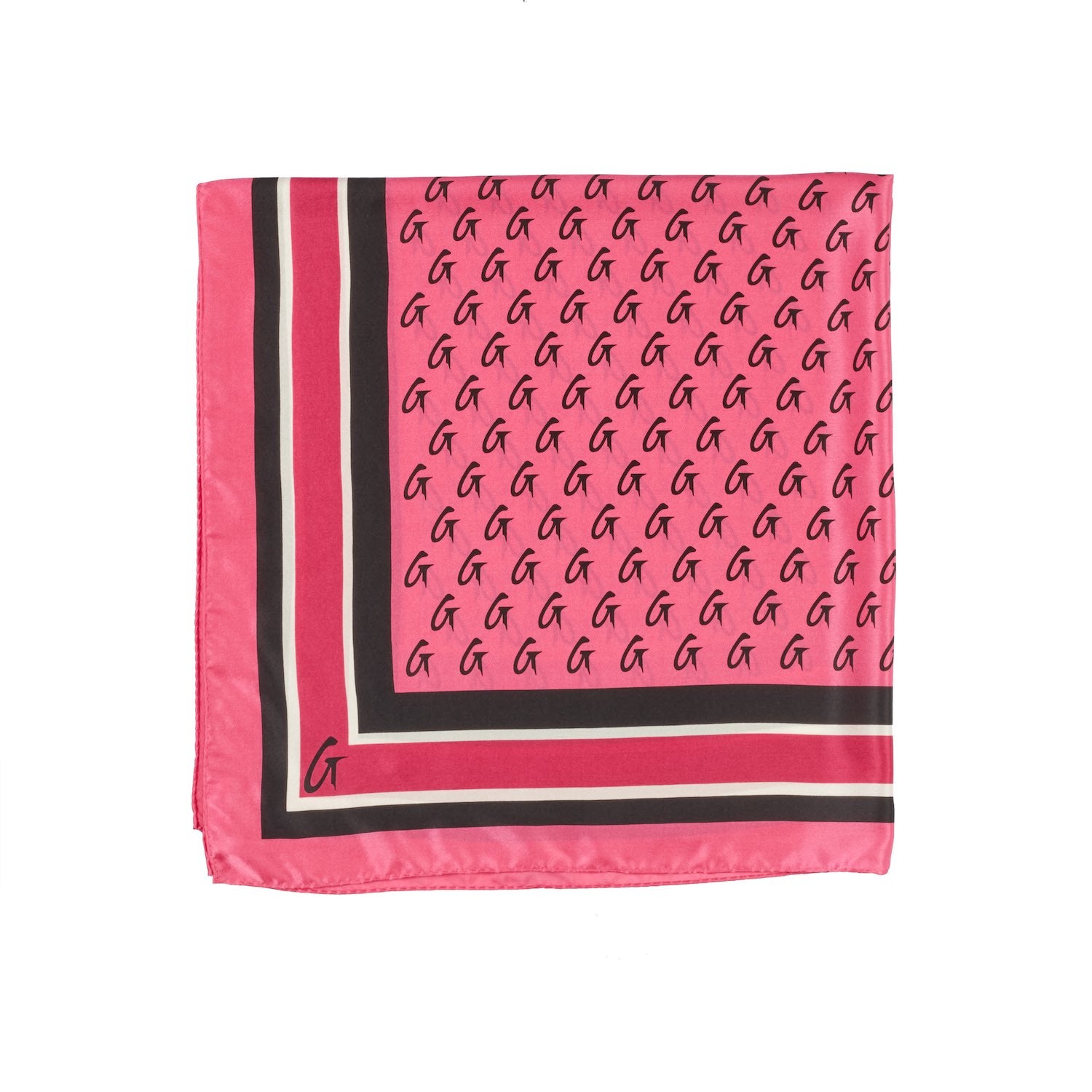 Large hot pink silk scarf with black monogram G pattern and border, featuring a small G logo in the corner.
