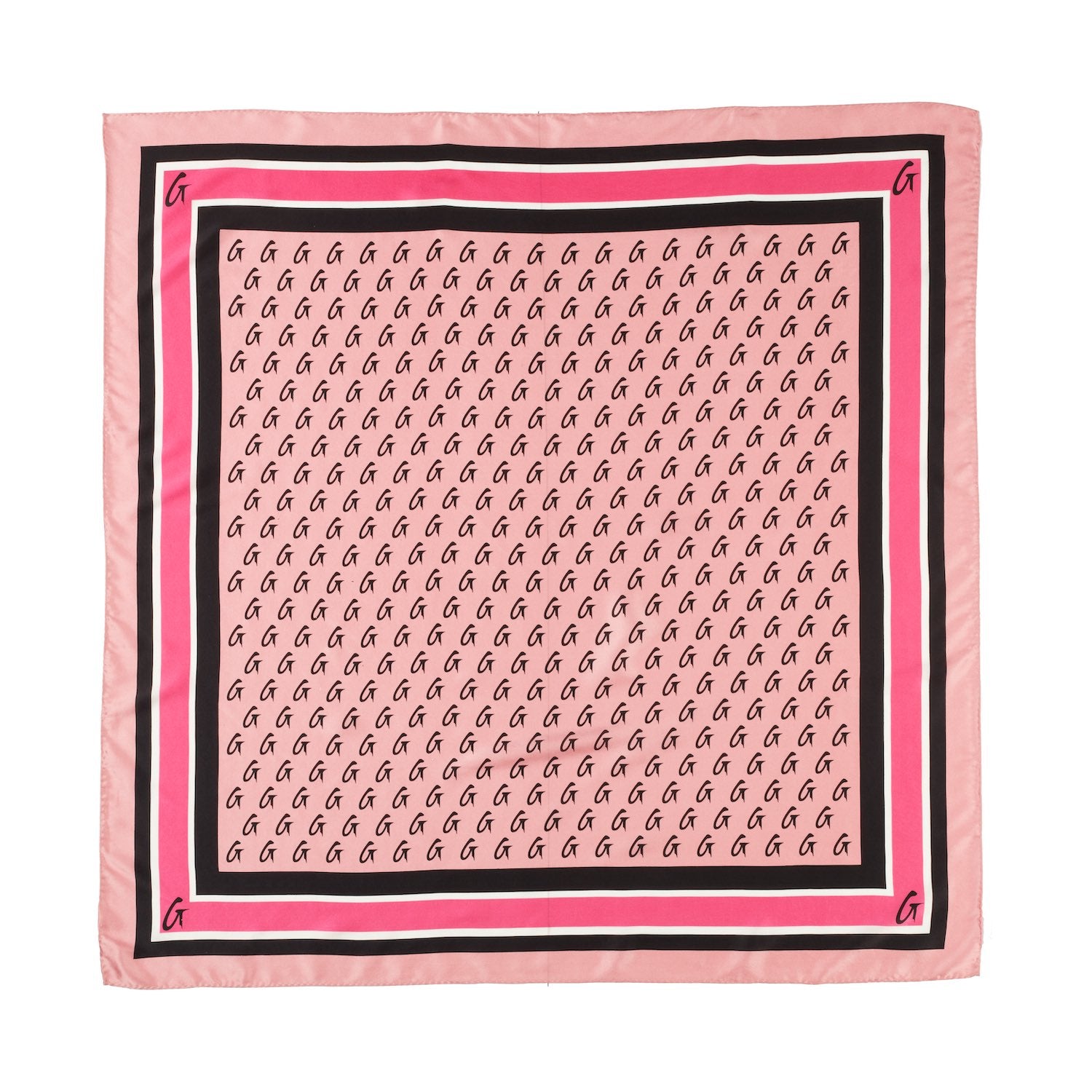 Large pink silk scarf with a black and white border featuring a monogram pattern of black "G" letters.