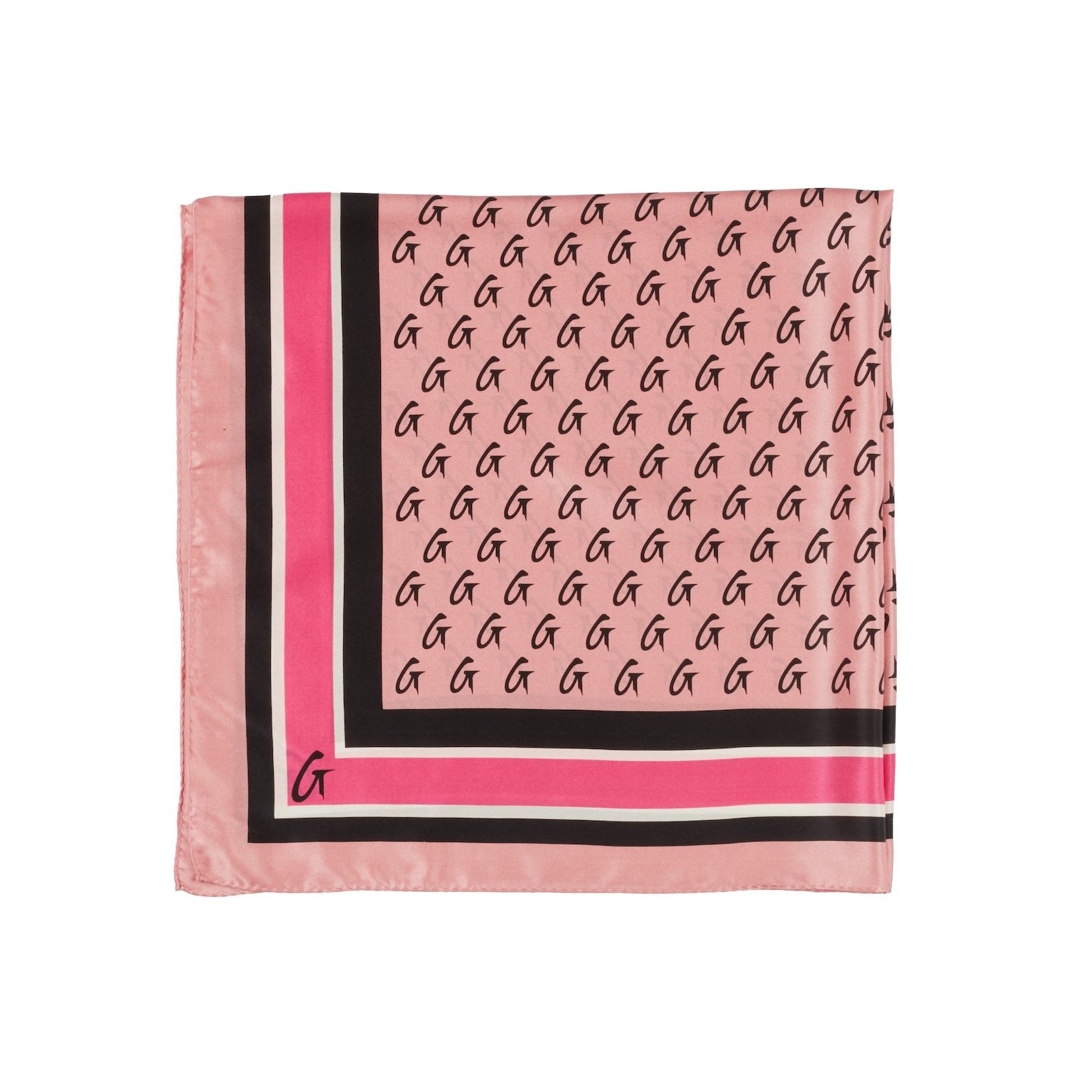 Large pink silk scarf with a monogram pattern, featuring black and white border accents and a small G logo in the corner.