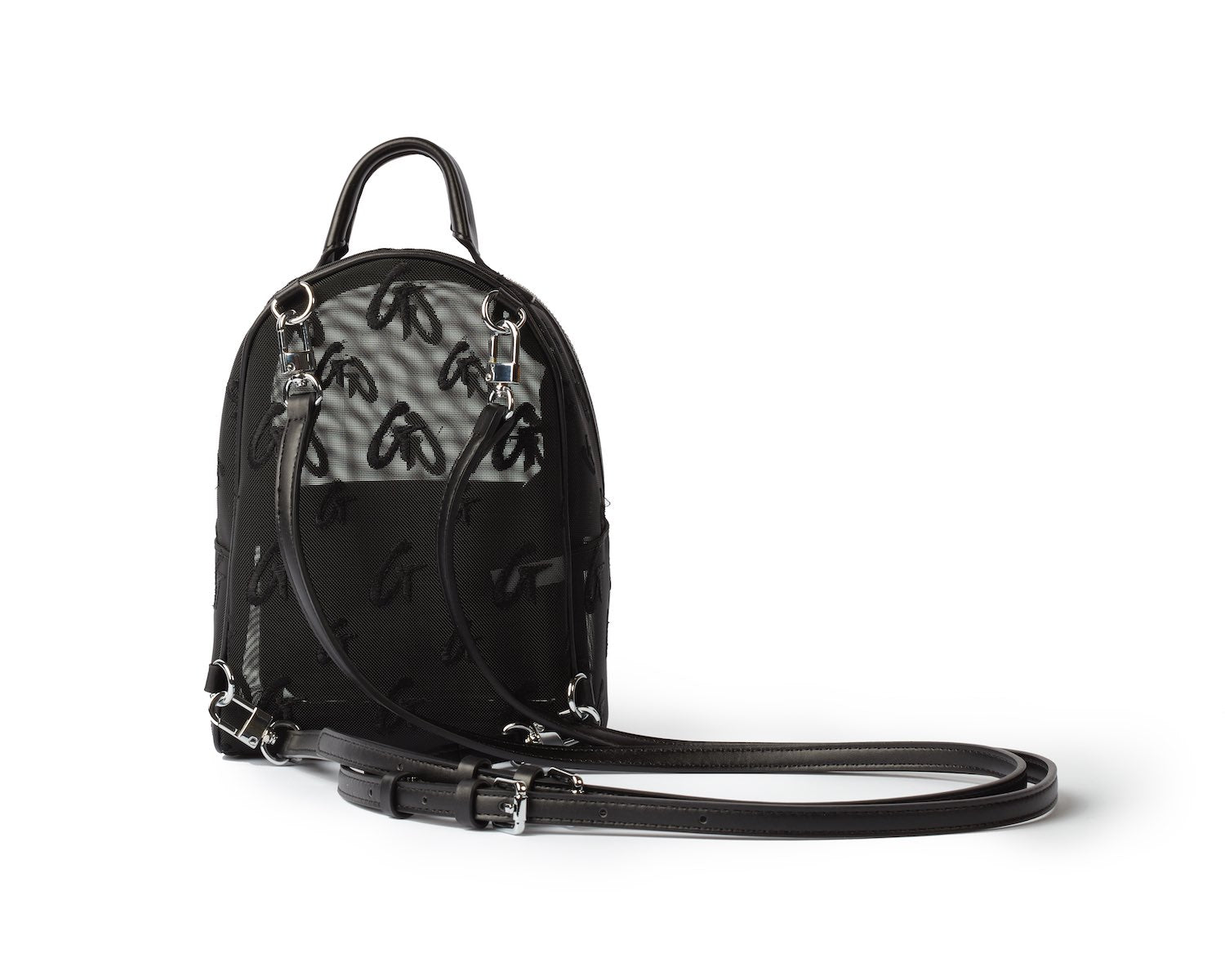 Black mini mesh monogram backpack with adjustable straps and a top handle, featuring a transparent mesh panel with monogram pattern.
