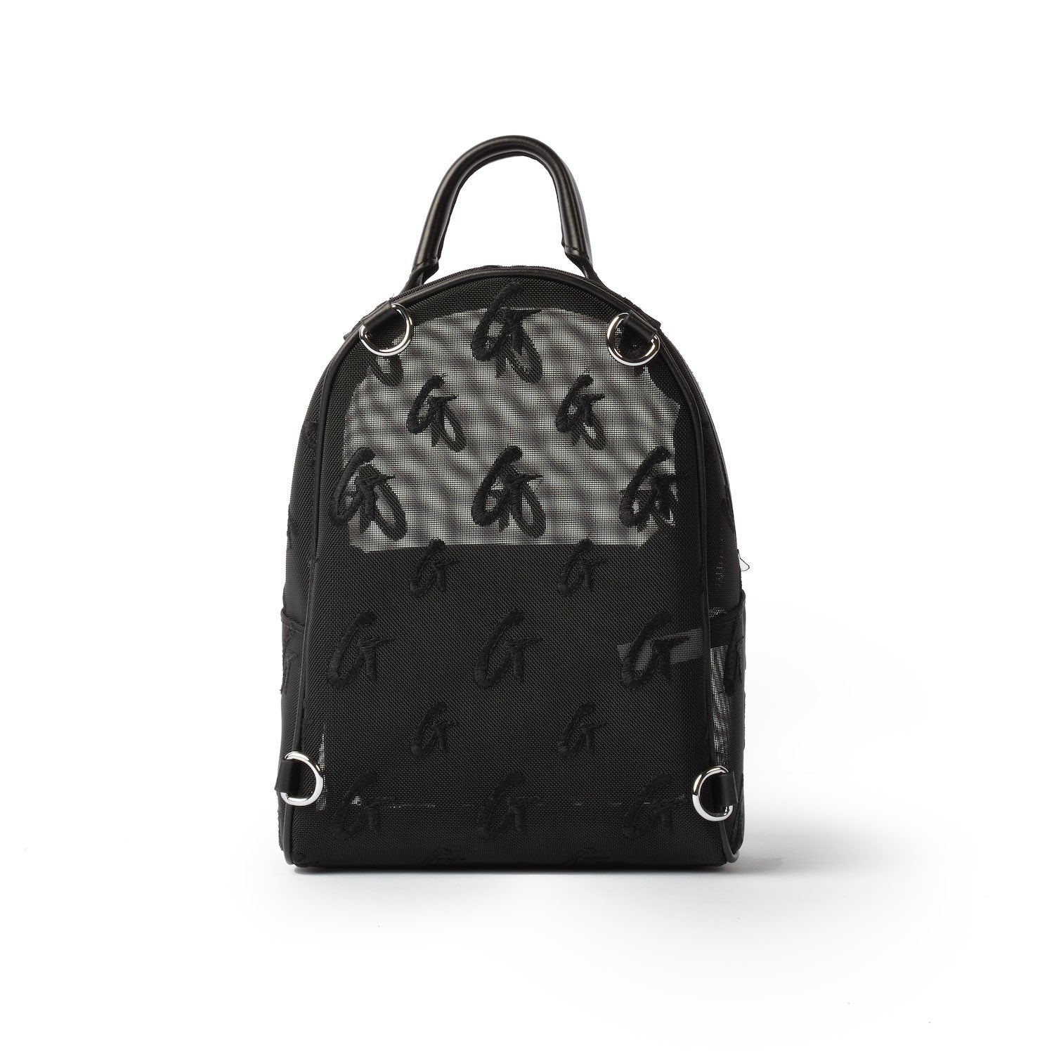 Black mini mesh monogram backpack with embroidered G logo pattern, top handle, and adjustable shoulder straps.