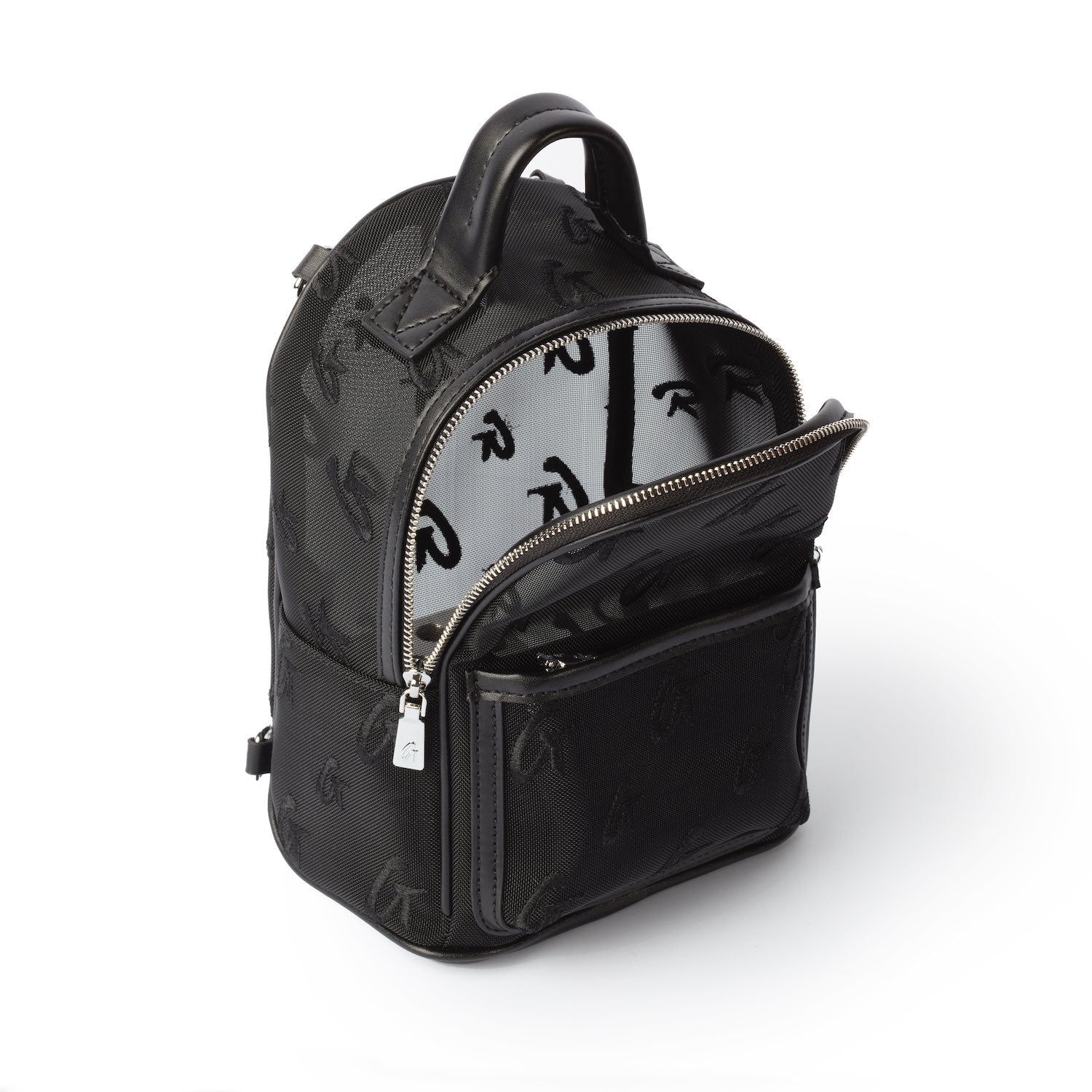 Black mini mesh monogram backpack with a top handle, front zip pocket, and interior lined with monogram pattern.