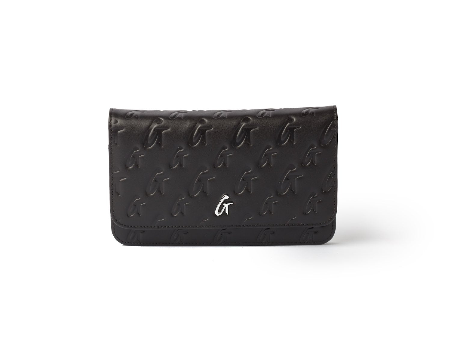 Black Monogram Silver WOC wallet with embossed G pattern and a silver G logo on the front.