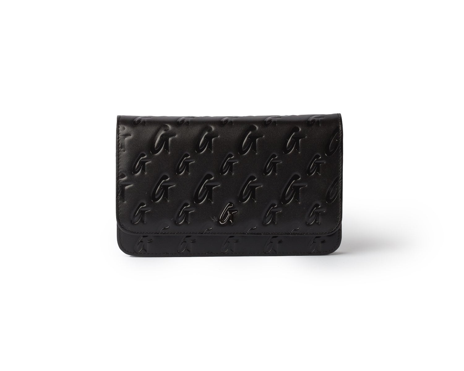 Black Monogram Gunmetal WOC wallet with embossed G pattern on smooth leather surface.