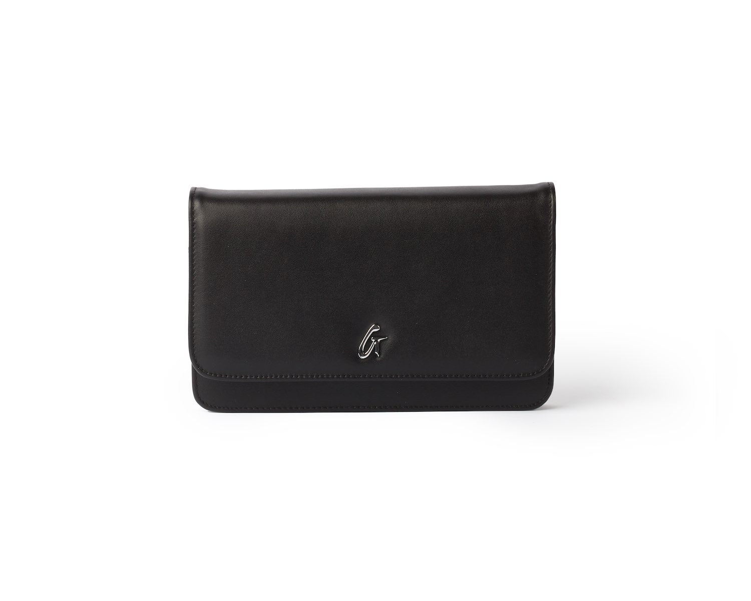 Black leather wallet with a silver logo, featuring a sleek, minimalist design and a fold-over flap.