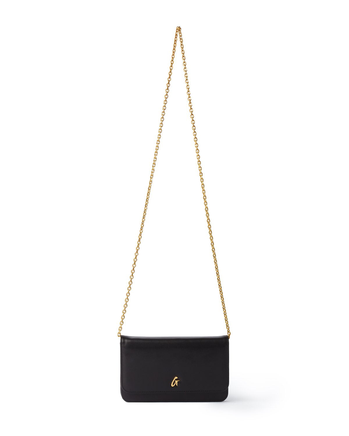 Black leather shoulder bag with a gold chain strap and a gold "G" logo on the front.