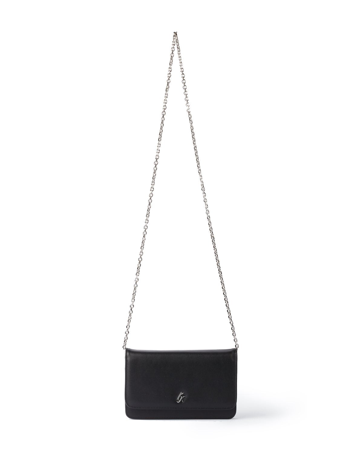 Black leather shoulder bag with a silver chain strap and a small silver logo on the front.