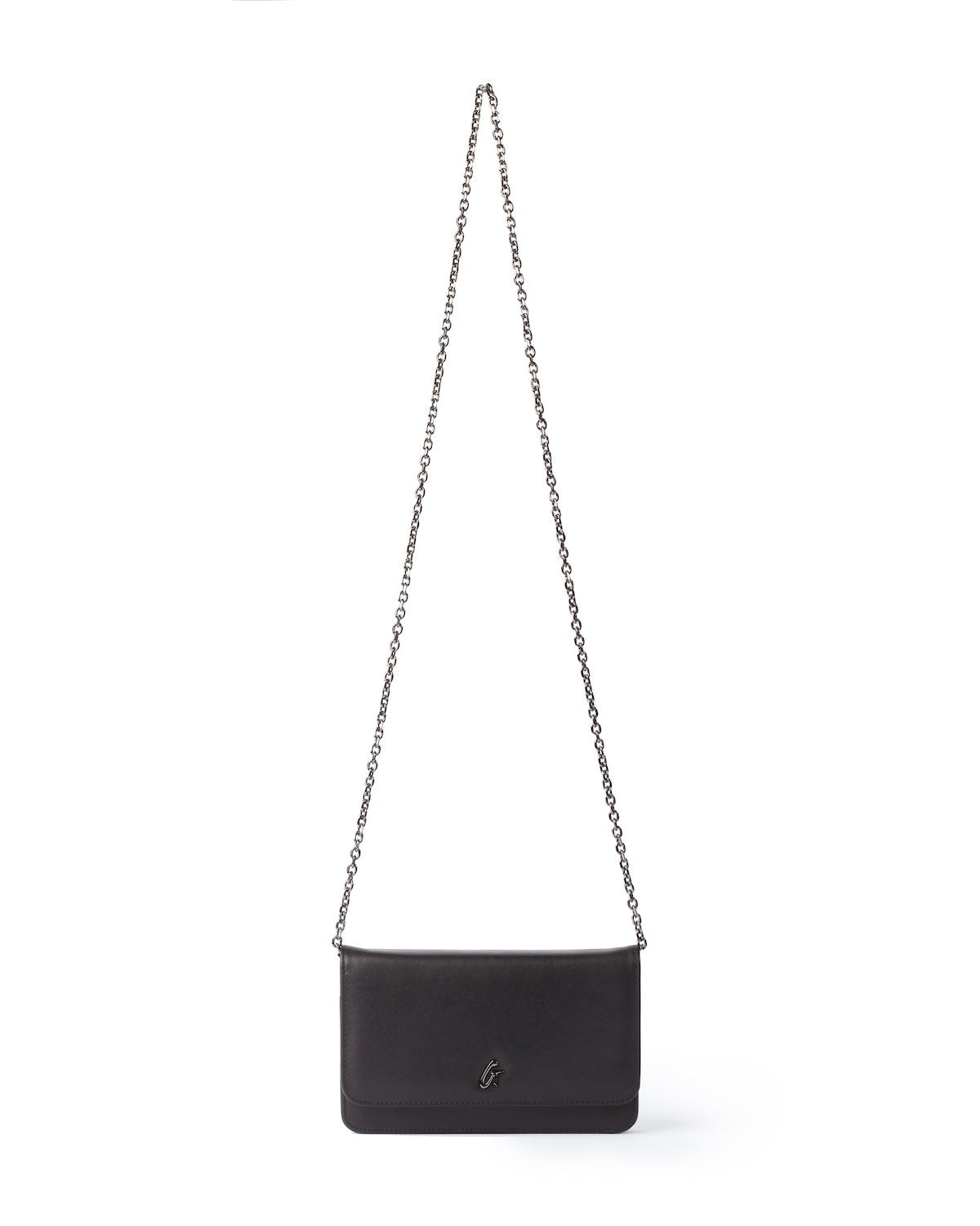 Black gunmetal-colored women's clutch with a chain strap and a small logo on the front.