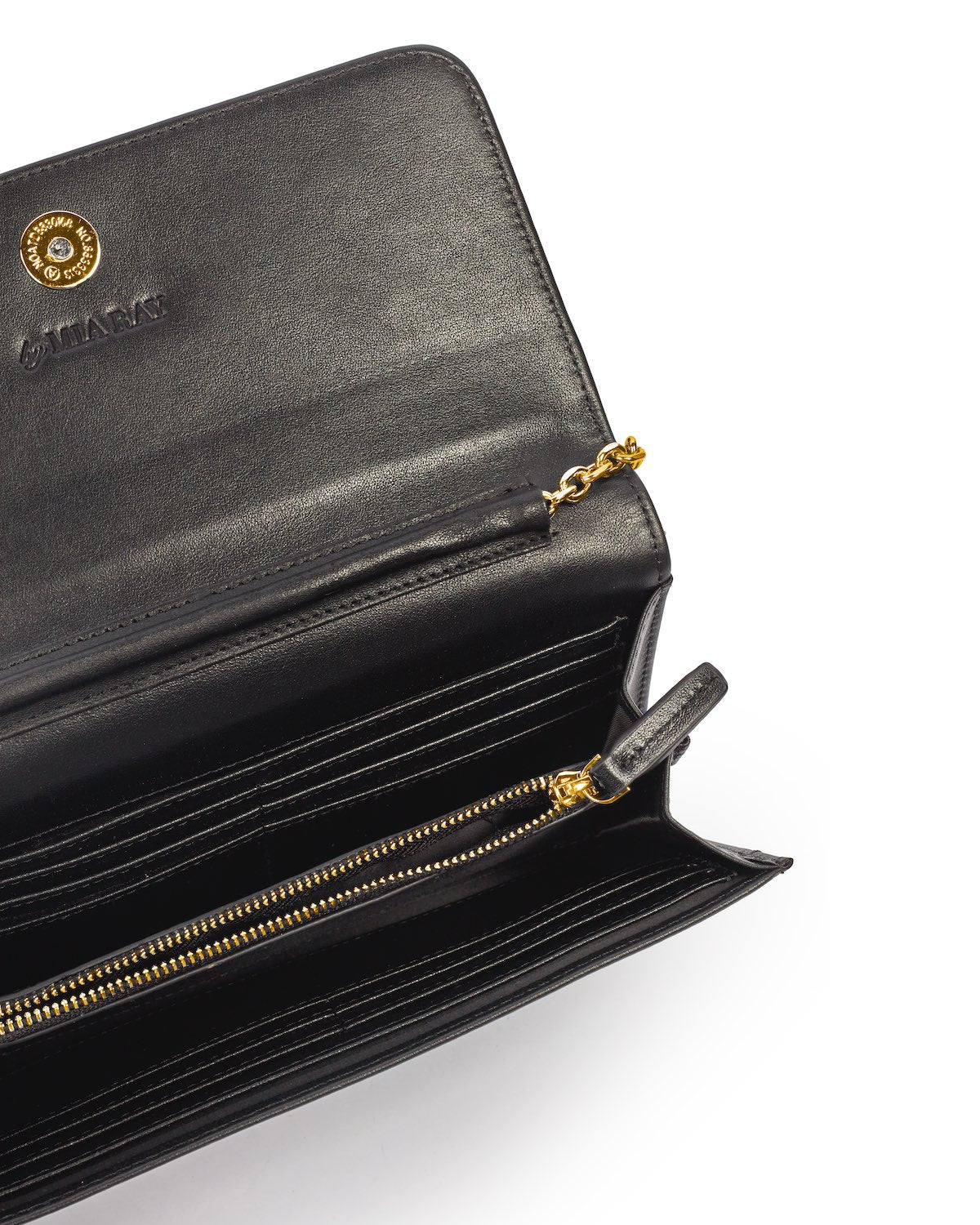Black leather wallet with gold zipper, multiple card slots, and a chain detail, labeled "STANDARD GOLD WOC - BLACK.