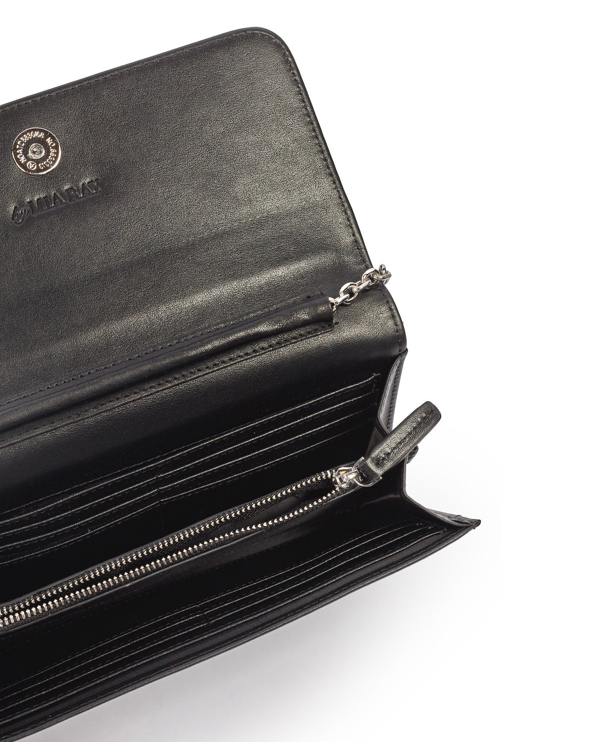 Open black leather wallet with silver chain, multiple card slots, and a zippered coin compartment.