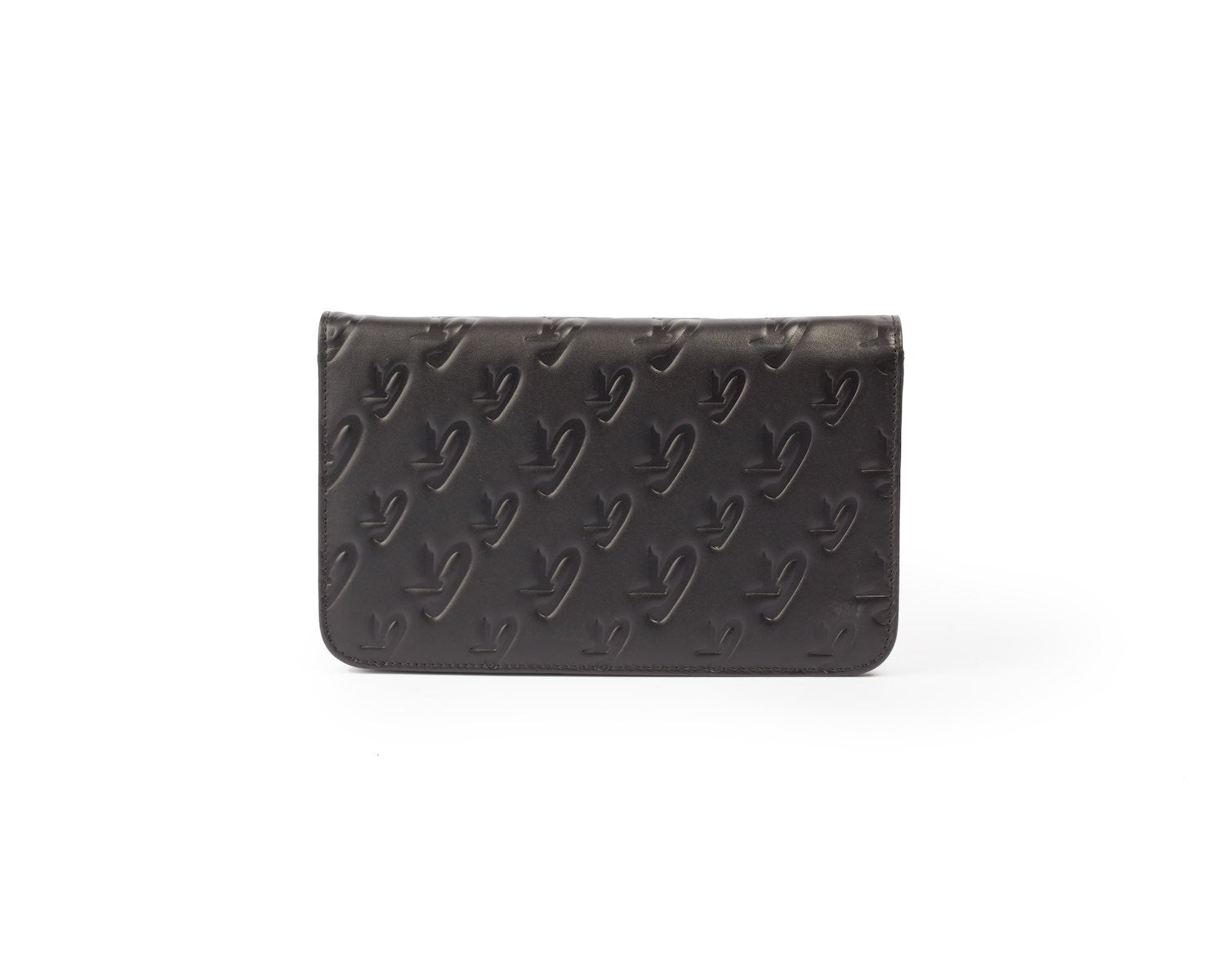 Black Monogram Gunmetal WOC wallet with embossed logo pattern on smooth leather surface.
