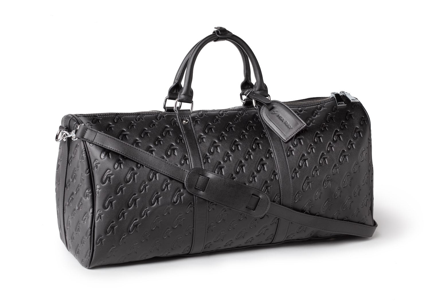 Black Monogram duffle bag with embossed logo pattern, dual top handles, adjustable shoulder strap, and zip closure.