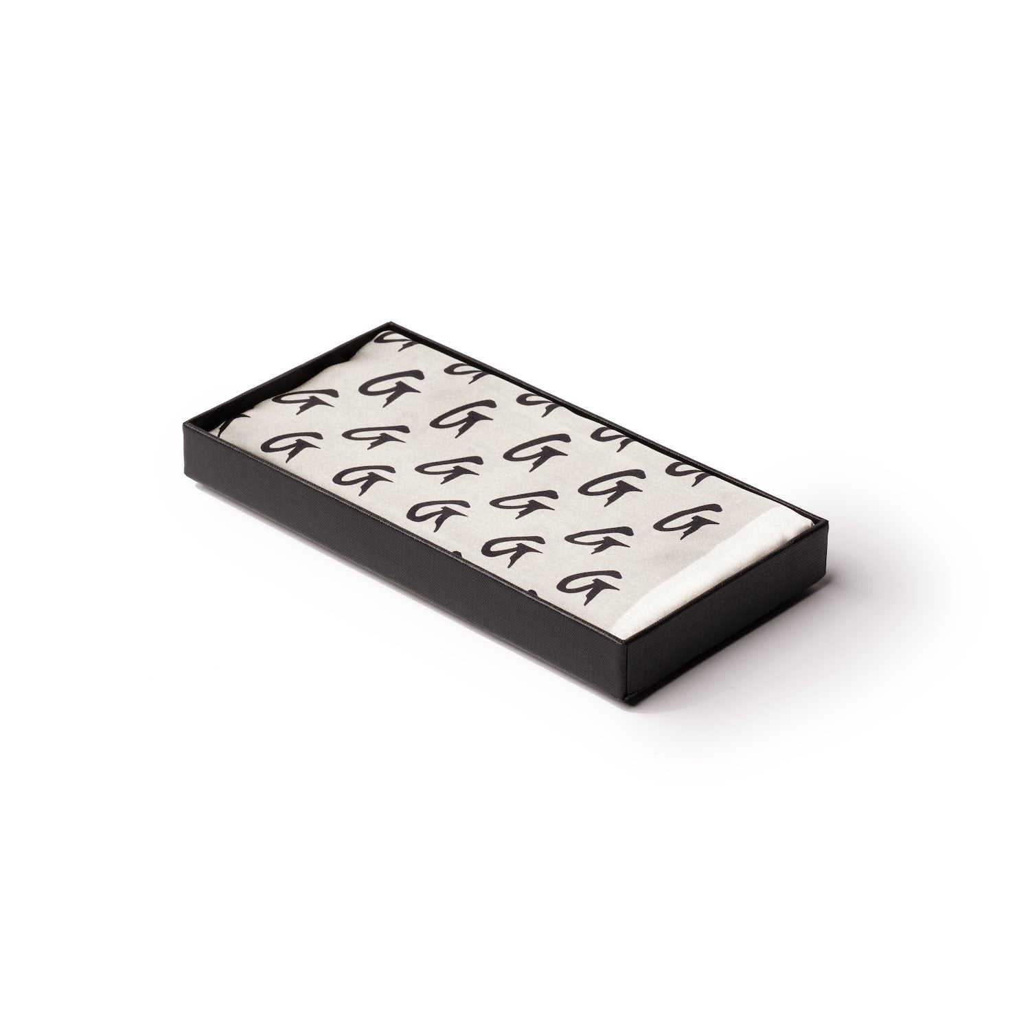 Medium silk scarf with a silver monogram pattern, neatly folded inside a black presentation box.
