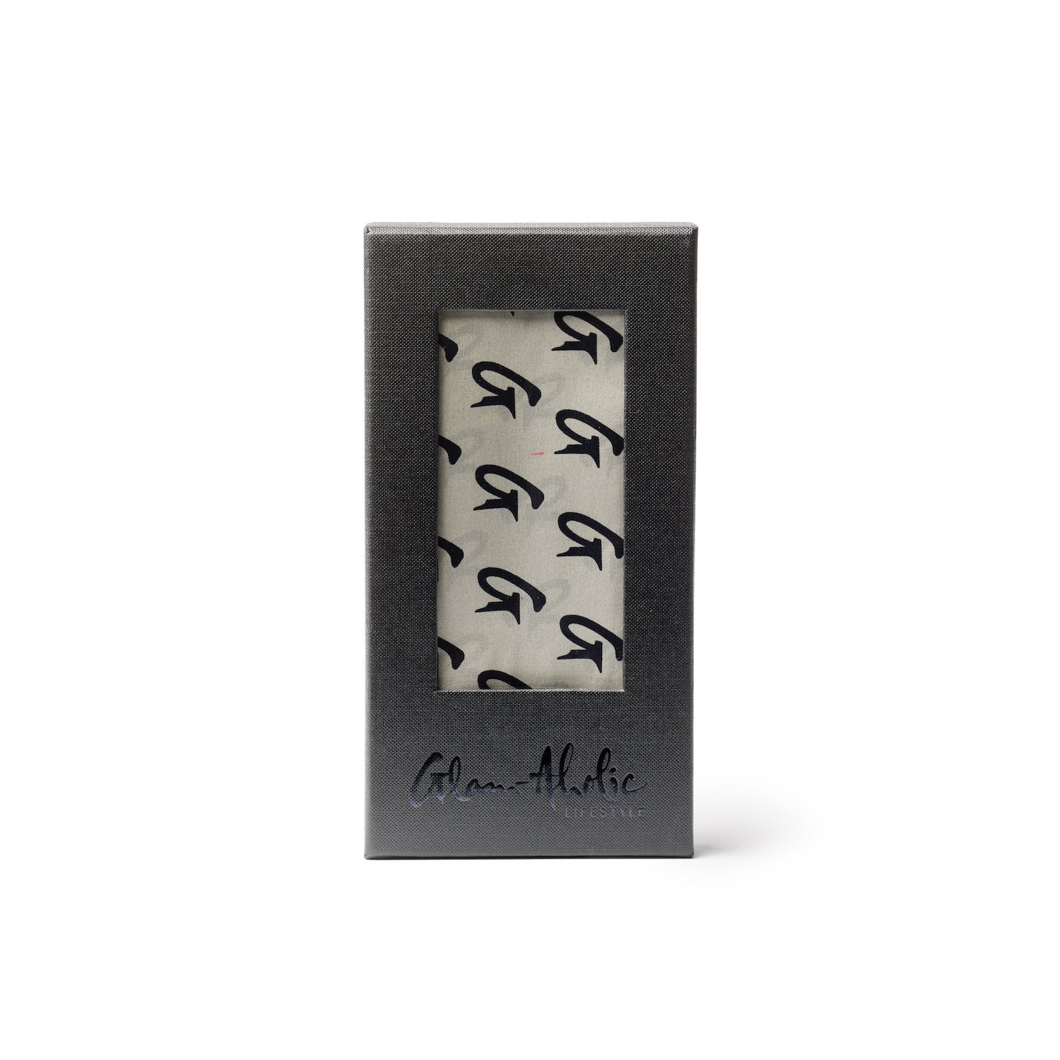 Large silver monogram silk scarf with black logo pattern, presented in a sleek black box with signature branding.