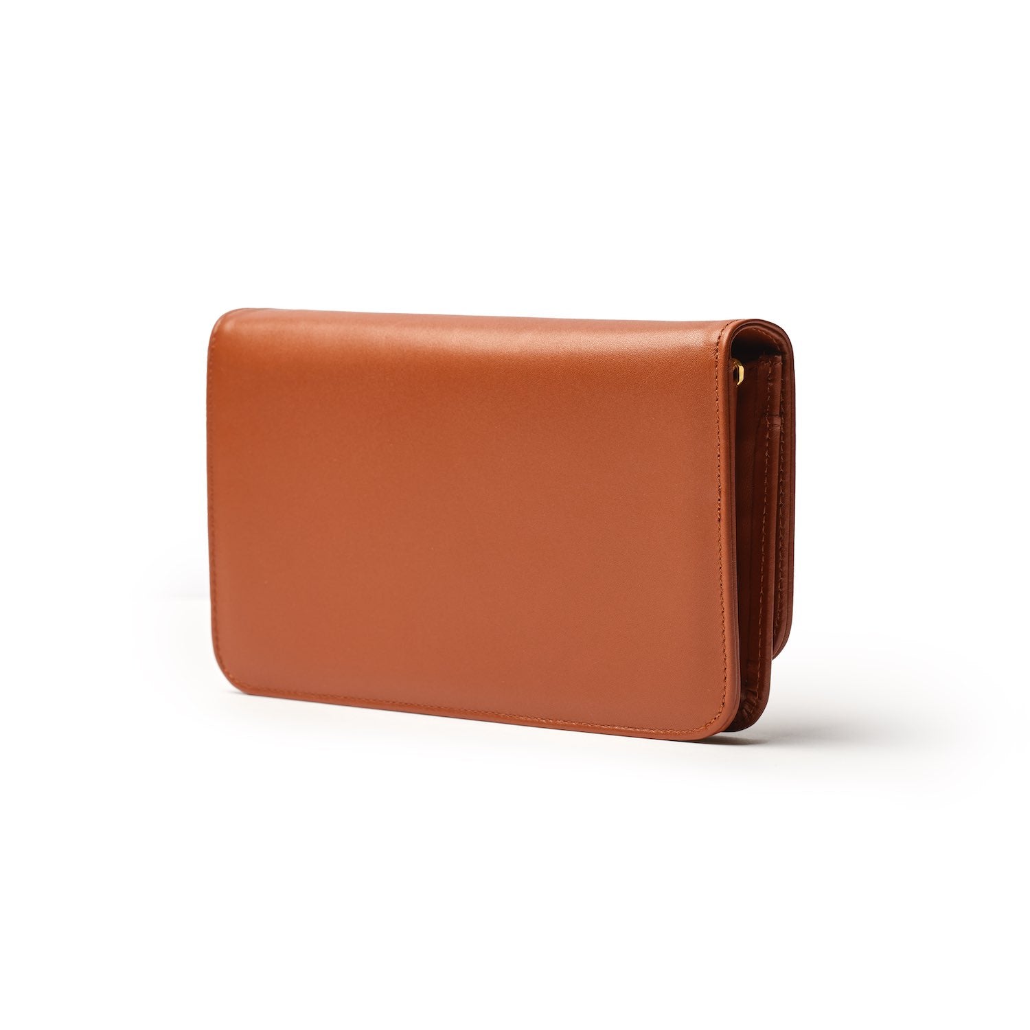 Brown leather wallet with a sleek, minimalist design and a smooth finish.