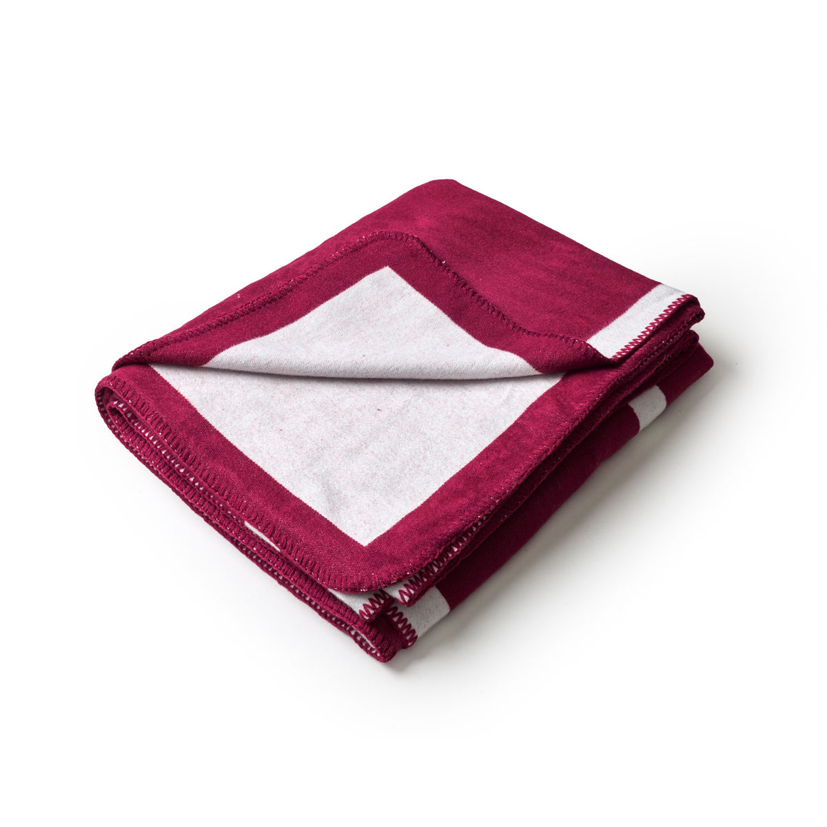 Burgundy classic throw blanket folded neatly, featuring a contrasting light gray border for a stylish touch.