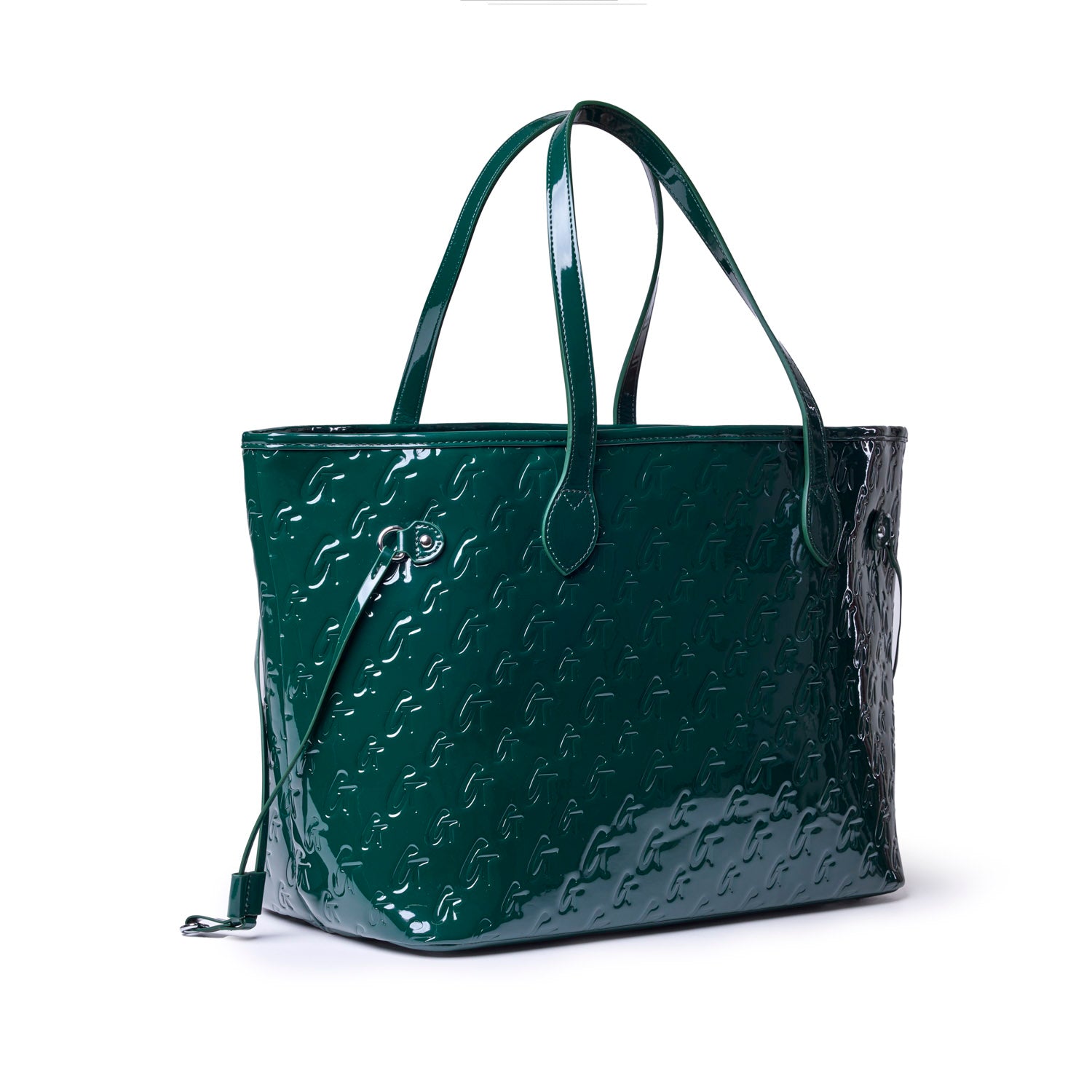 Mirror green monogram glam tote with a glossy finish and detachable wristlet, perfect for stylish everyday use.