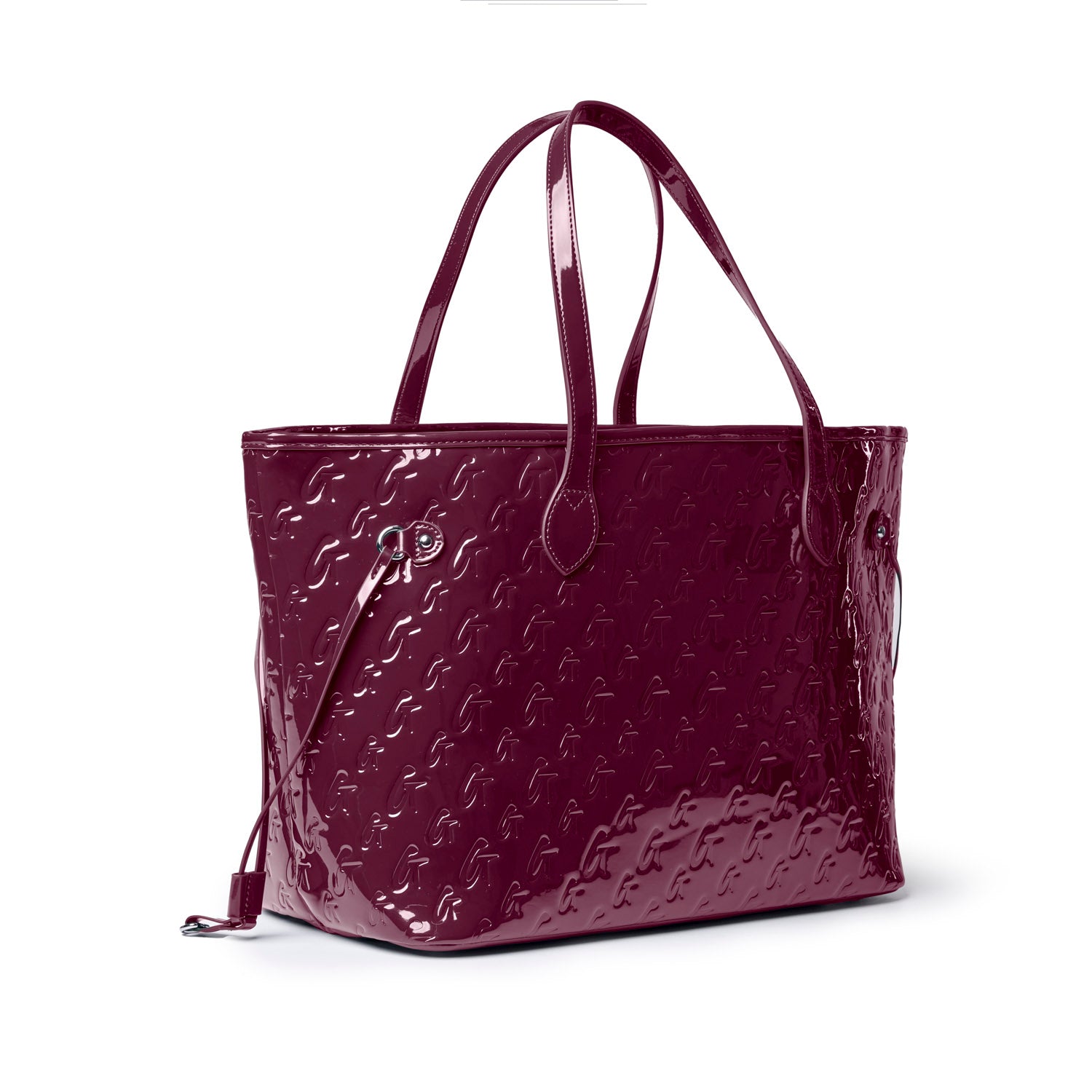 Glossy burgundy monogram tote bag with dual handles and detachable wristlet, perfect for stylish everyday use.