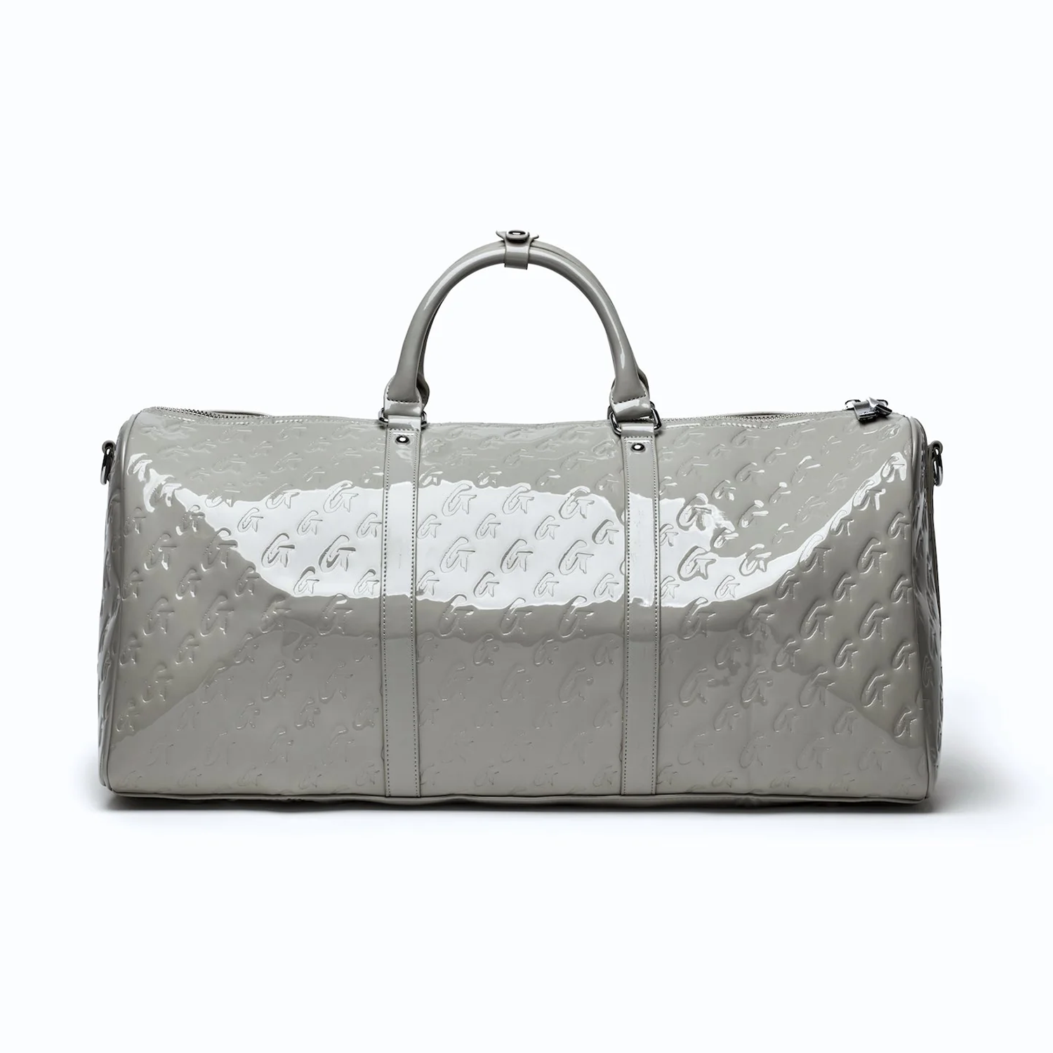 Stylish monogram duffle bag in mirror gray with a glossy finish, perfect for travel or everyday use.