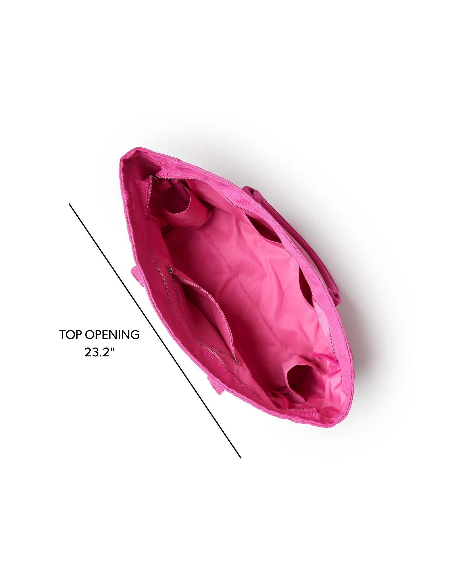 Hot pink athletic canvas tote with a spacious interior and a top opening measuring 23.2 inches for easy access.