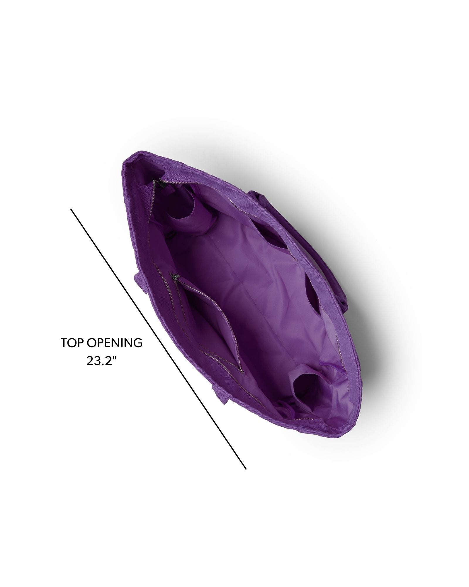 Purple athletic canvas tote with a spacious interior and a top opening measuring 23.2 inches for easy access.