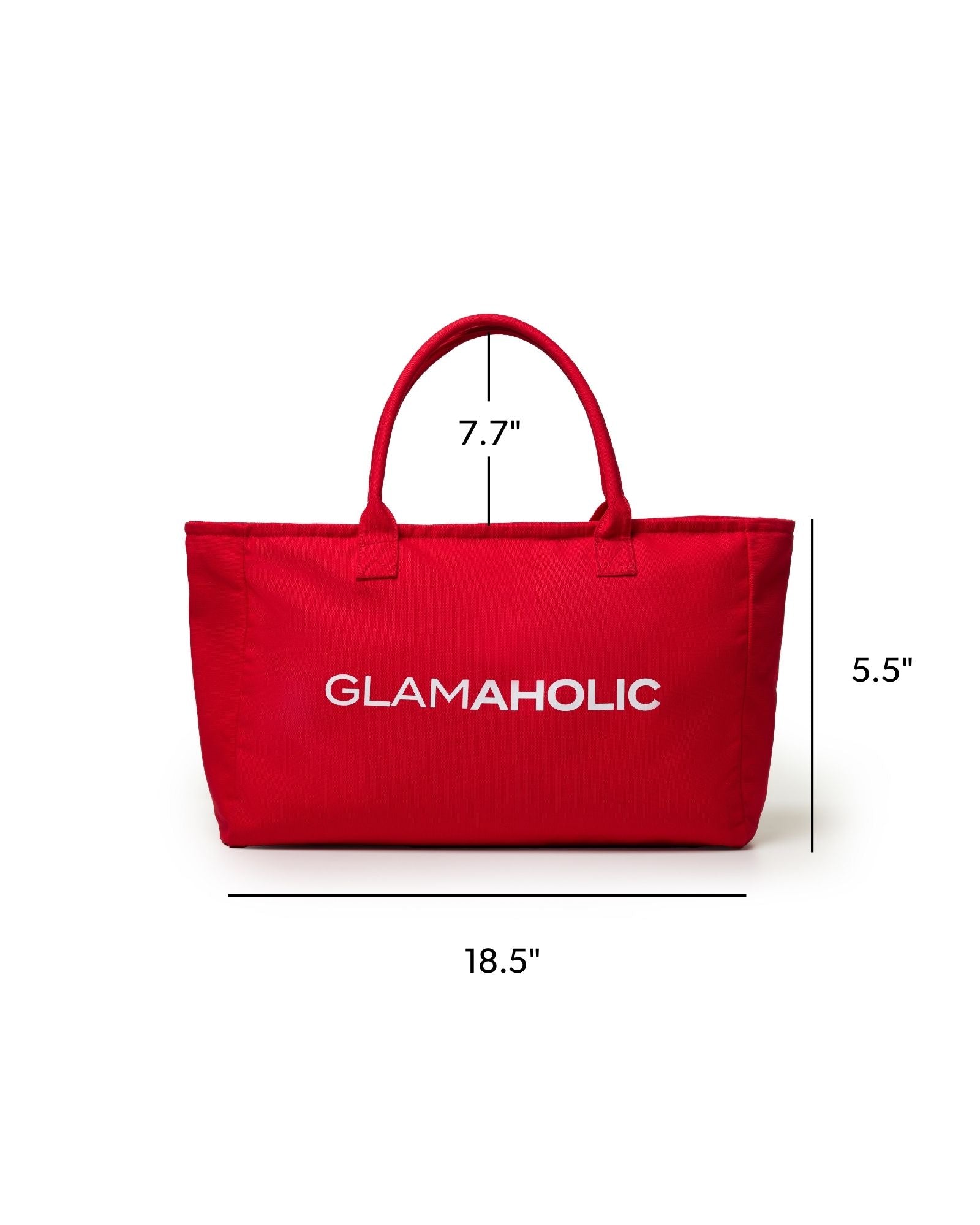 Red athletic canvas tote bag with sturdy handles, featuring the Glam-Aholic logo, ideal for stylish everyday use.