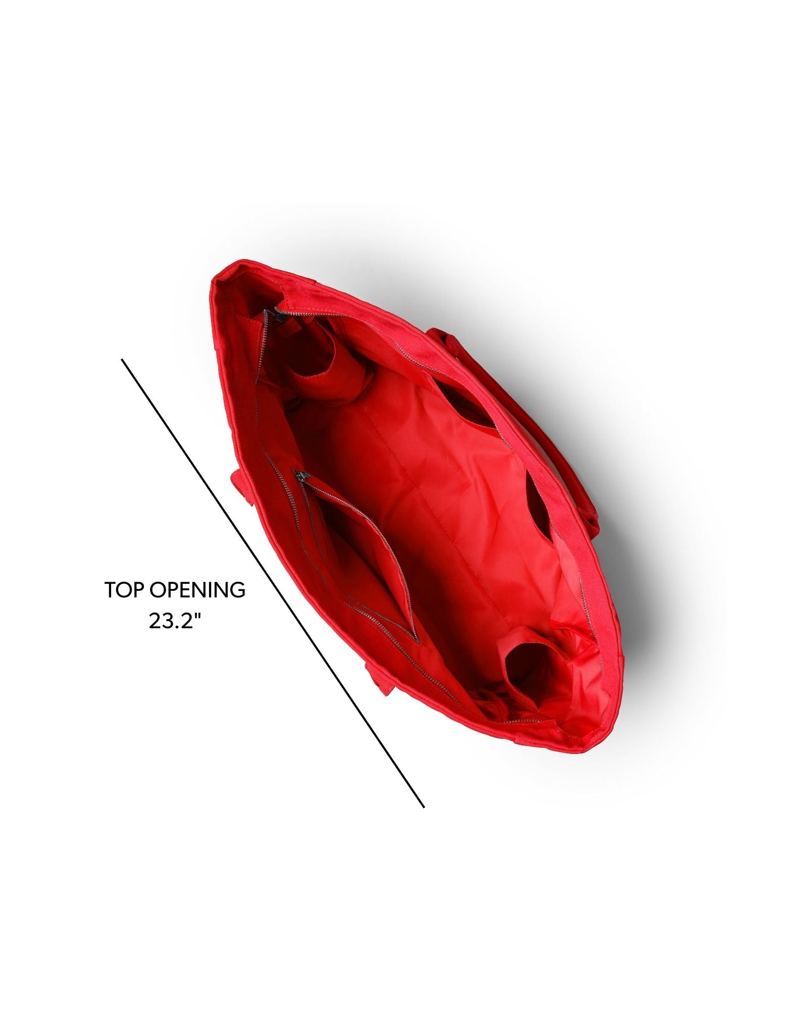 Red athletic canvas tote with spacious interior and top opening measuring 23.2 inches, perfect for active lifestyles.