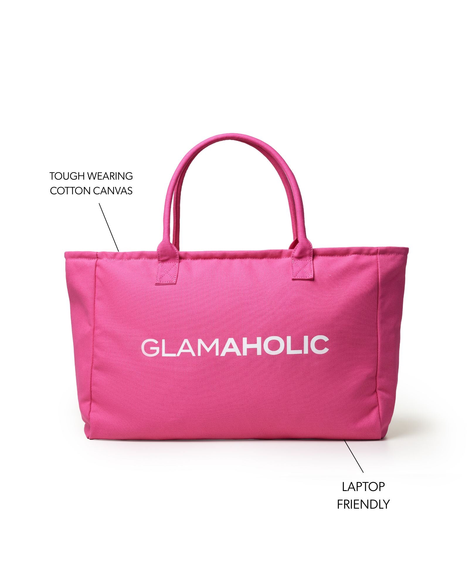 Hot pink athletic canvas tote bag with sturdy handles and laptop-friendly design, featuring the Glam-Aholic logo.