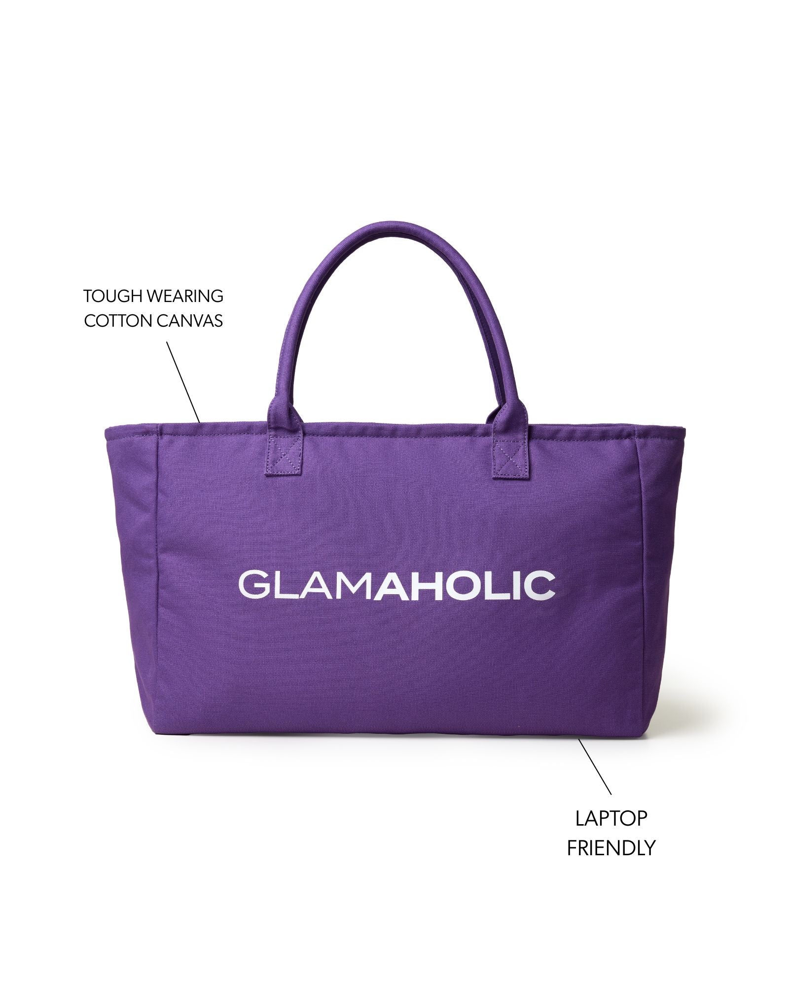 Purple athletic canvas tote bag with sturdy handles, designed for durability and laptop-friendly use.
