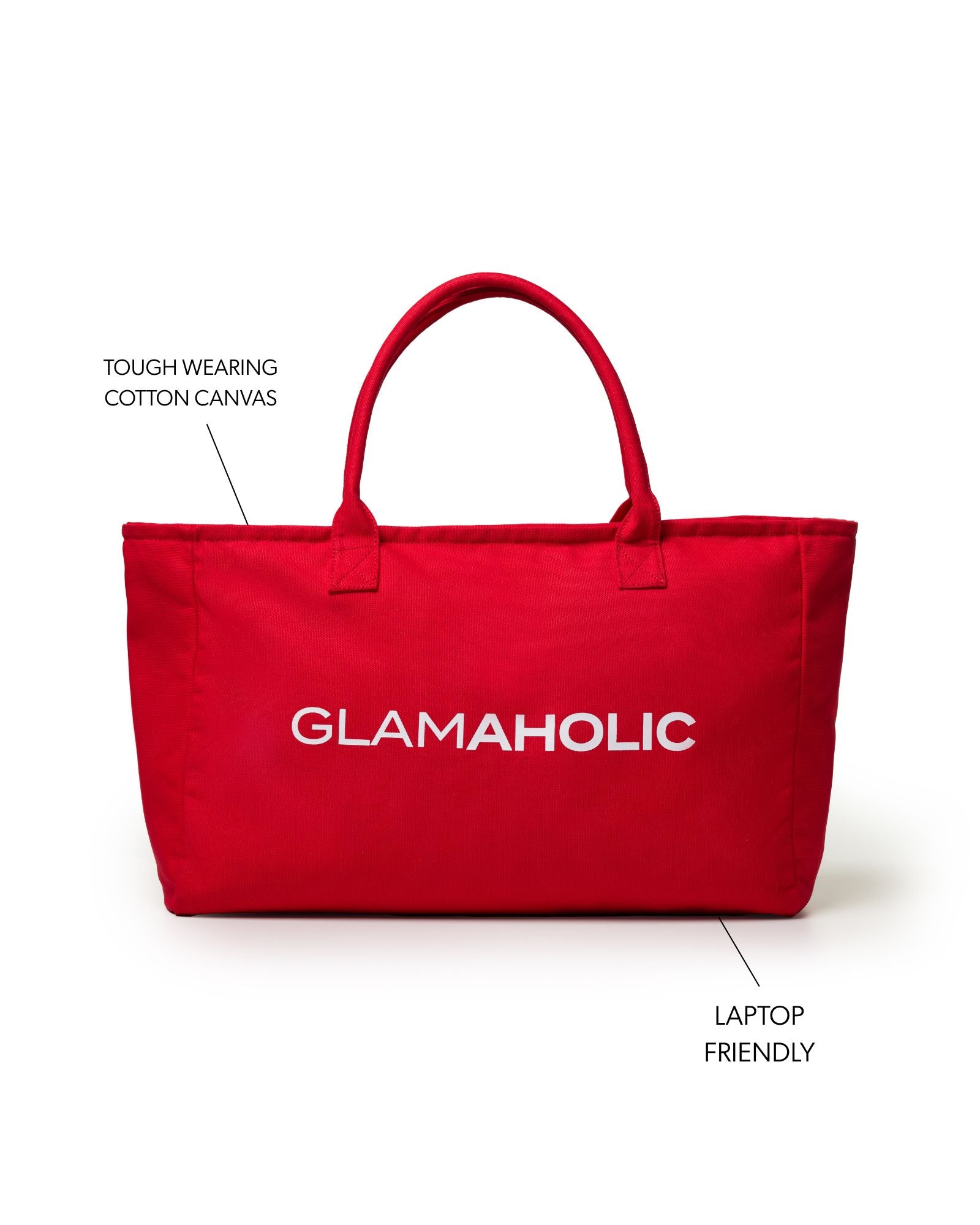 Red athletic canvas tote bag made from durable cotton, featuring "GLAMAHOLIC" logo and laptop-friendly design.